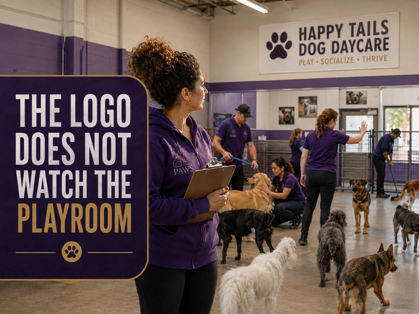 PAWS Lady observing staff actively supervising dogs in a daycare playroom beneath a large daycare logo sign.