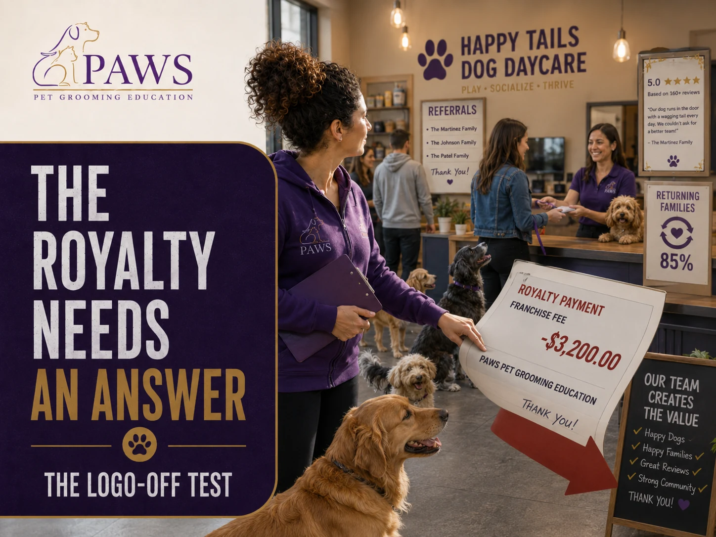 PAWS Lady holding a large royalty payment leaving a busy dog daycare where local staff, referrals, reviews, returning clients, and dogs generate the business value.