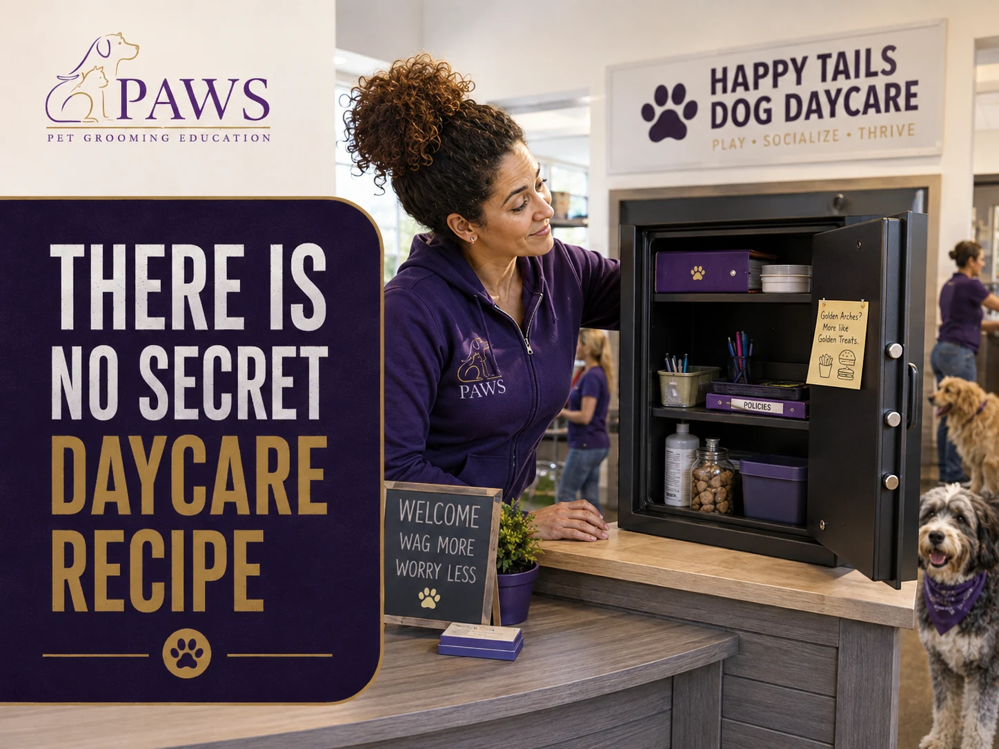 PAWS Lady opening a safe at a dog daycare front desk to show that there is no hidden formula behind successful daycare operations.