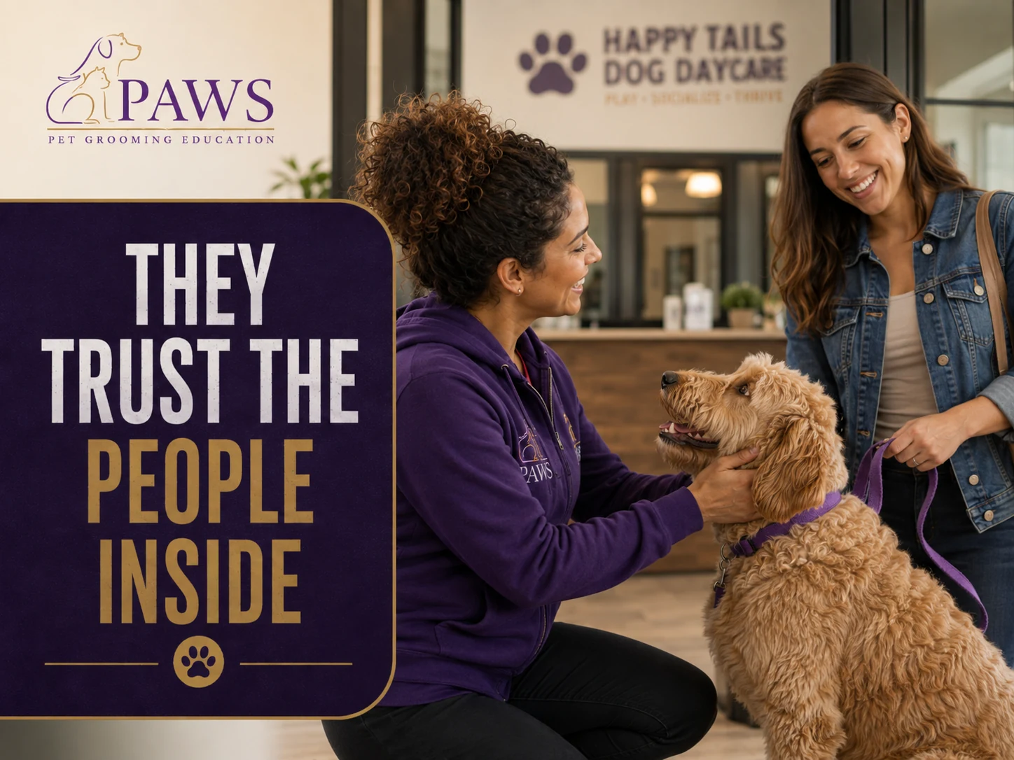 PAWS Lady kneeling to greet a dog beside its owner in the daycare lobby, showing that the relationship with staff drives trust.