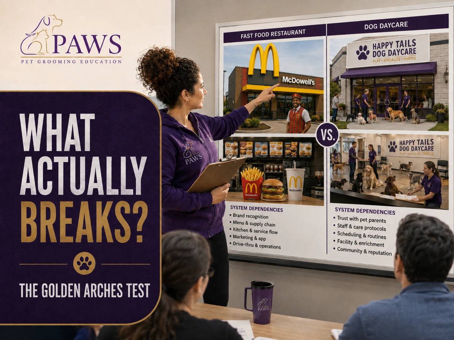 PAWS Lady presenting a comparison board that contrasts a fast-food chain system with a dog daycare business, including McDowell’s golden arches imagery.