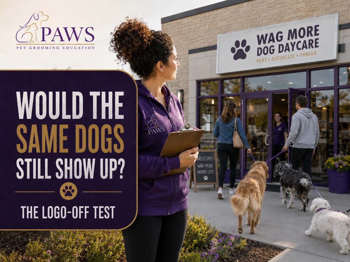 PAWS Lady outside a rebranded daycare while familiar clients walk the same dogs into the building.