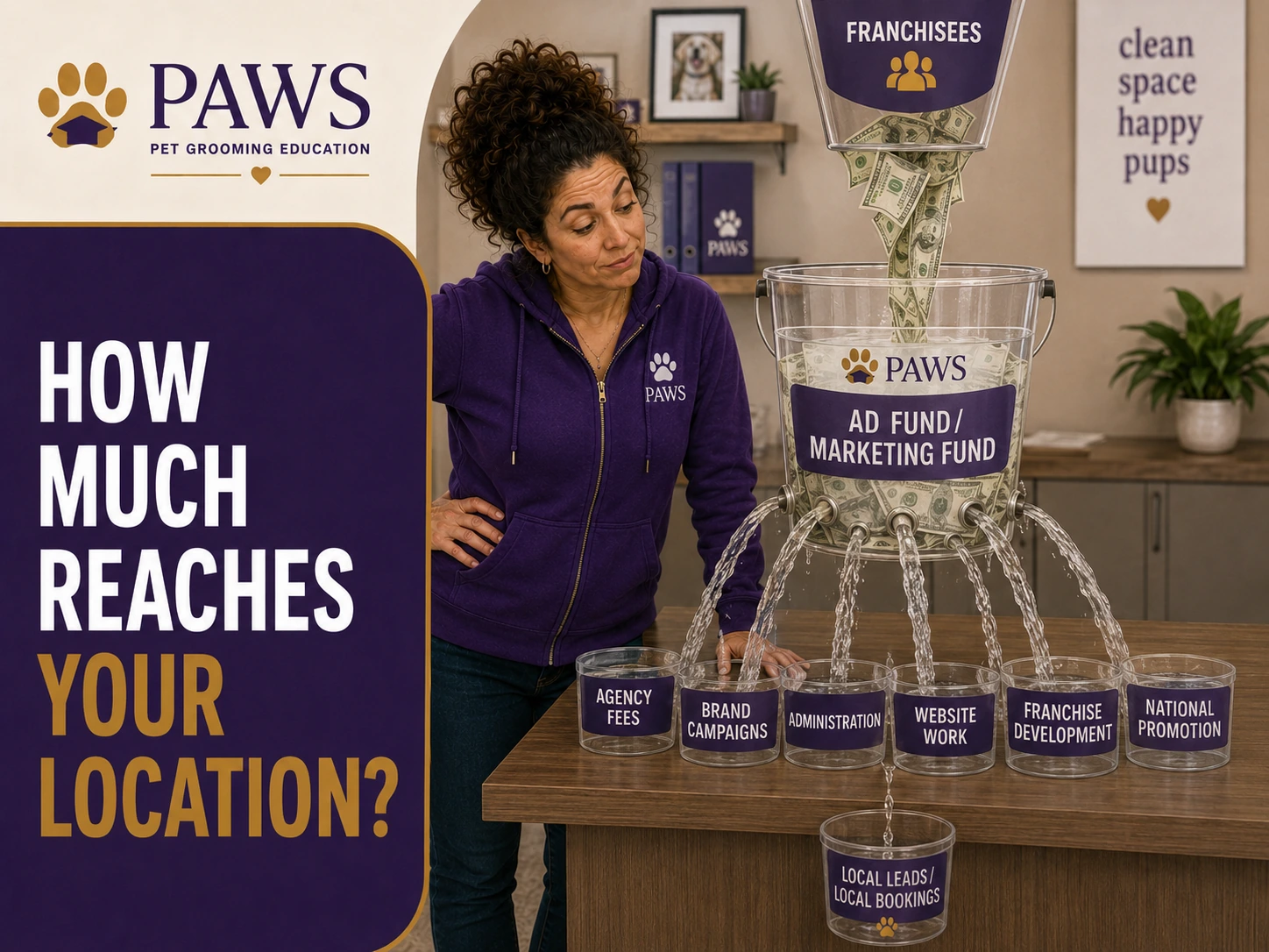 PAWS Lady watches money flow from a franchisee container into an ad fund bucket that drains into multiple cups for agency fees, brand campaigns, administration, website work, franchise development, and national promotion, leaving only a small local leads cup.