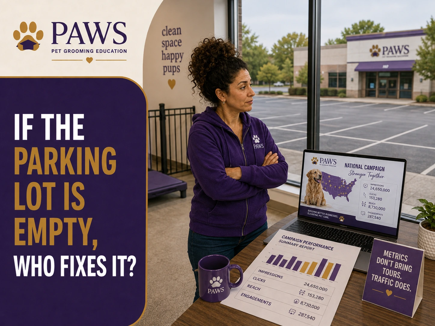 PAWS Lady looks out at an empty parking lot while a laptop nearby shows national campaign metrics and a campaign performance summary report.