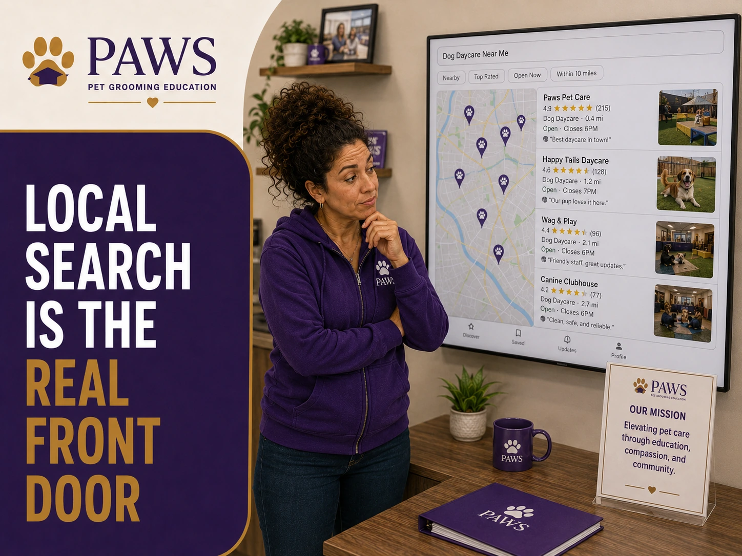 PAWS Lady stands beside a large screen showing a local dog daycare search results map with business listings, star ratings, and review snippets.