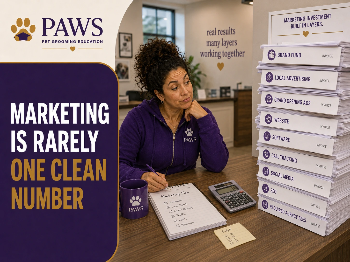 PAWS Lady sits at a desk beside a tall stack of itemized marketing invoices labeled brand fund, local advertising, grand opening ads, website, software, call tracking, social media, SEO, and required agency fees.