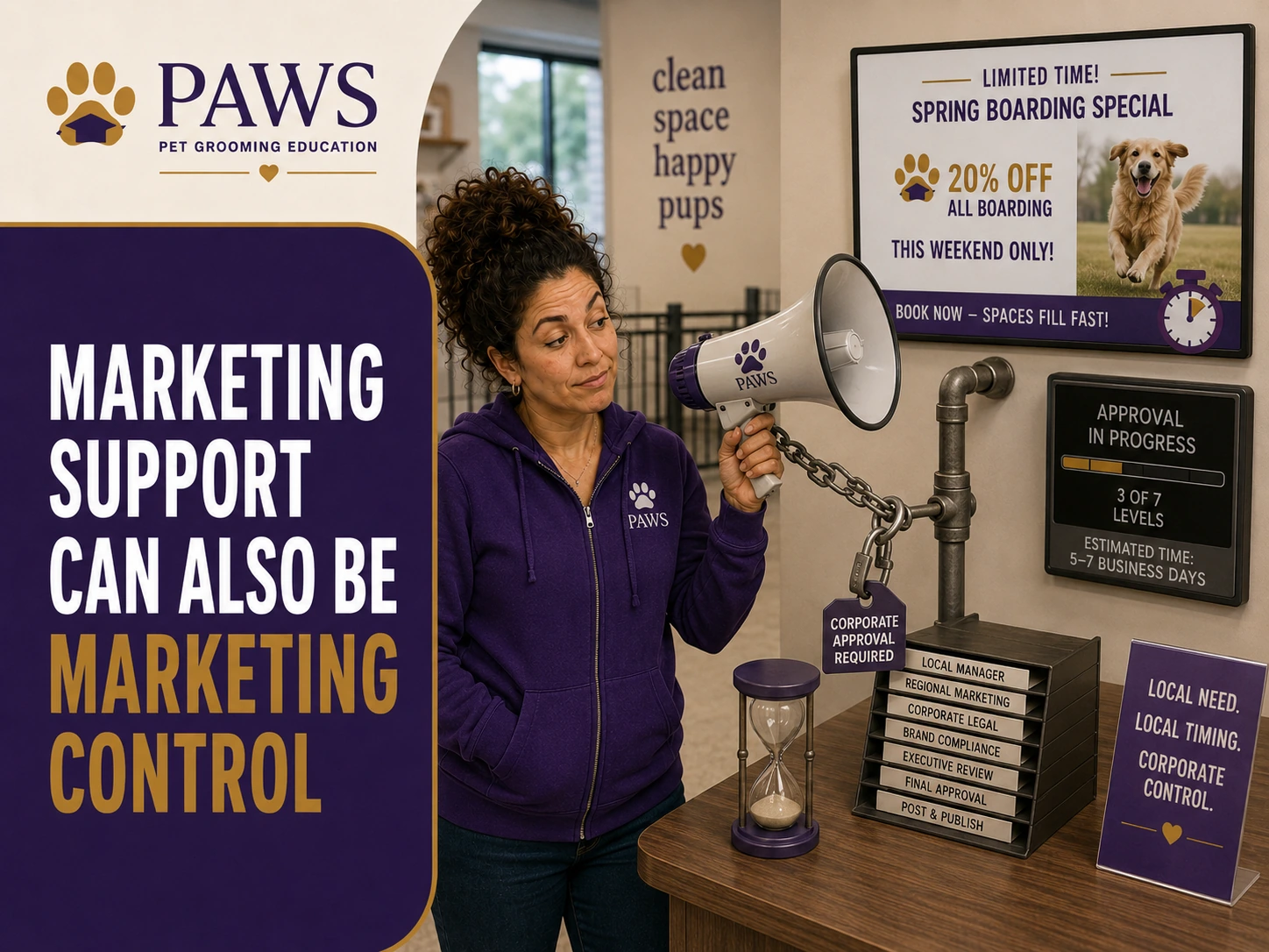 PAWS Lady holds a megaphone attached by a chain to a corporate approval device while a limited-time promotion waits behind an approval-in-progress screen.