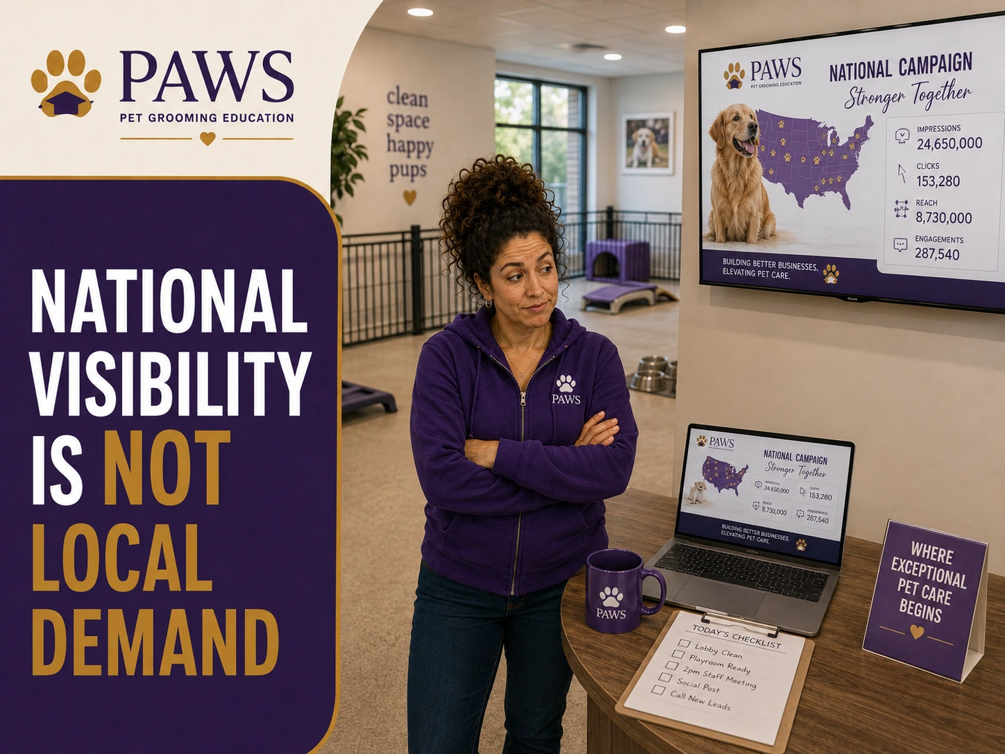PAWS Lady stands beneath a screen showing national campaign reach, clicks, and impressions while an empty daycare space and checklist sit in the foreground.