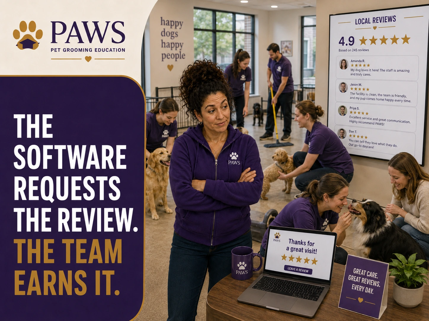 PAWS Lady stands in a busy daycare while staff members care for dogs and a laptop screen asks customers to leave a review beside a board of high local ratings.