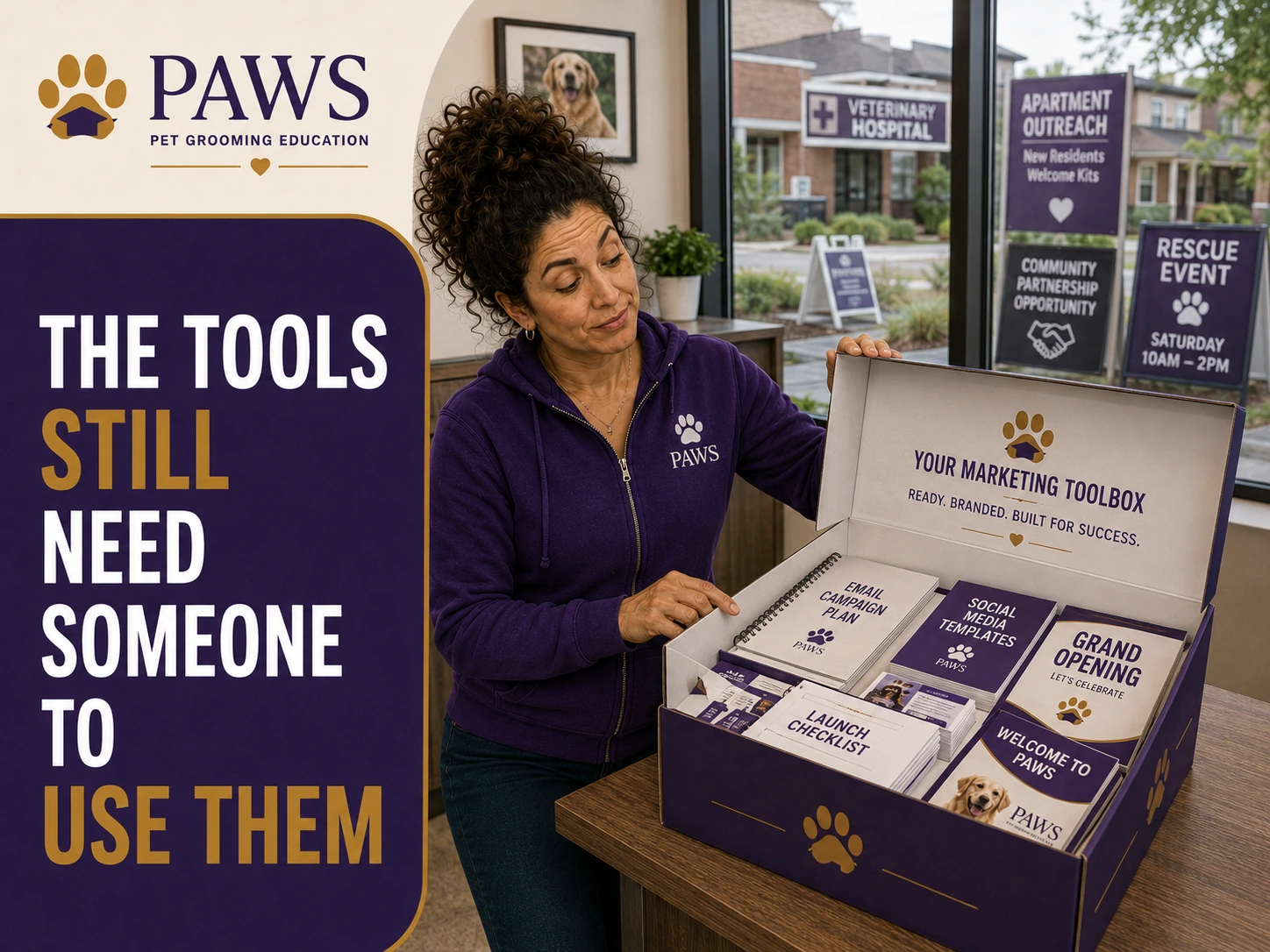 PAWS Lady opens a branded marketing toolbox filled with templates, checklists, launch materials, and a grand opening packet while local opportunity signs appear outside the window.