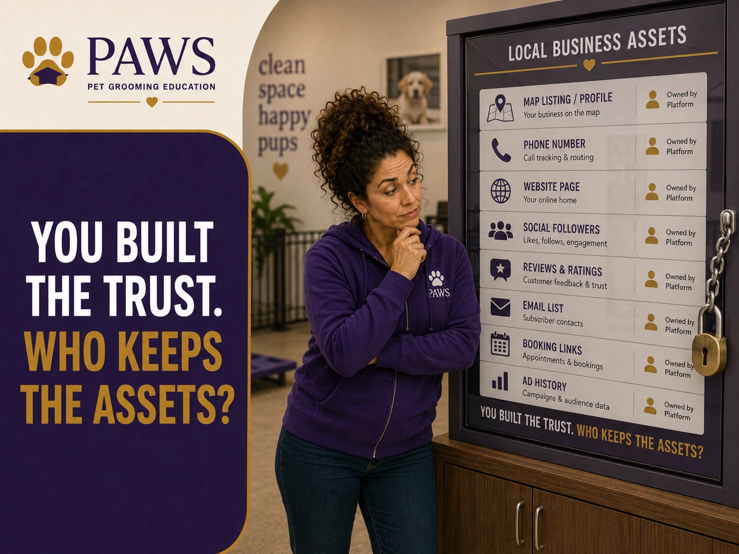 PAWS Lady stands beside a locked display listing business assets such as the map profile, phone number, website page, social followers, reviews, email list, booking links, and ad history.