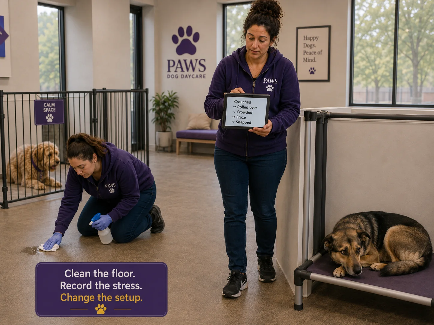 PAWS Lady records a crouched-to-snapped behavior sequence on a tablet while another staff member cleans a wet area and the frightened dog rests behind a divider.