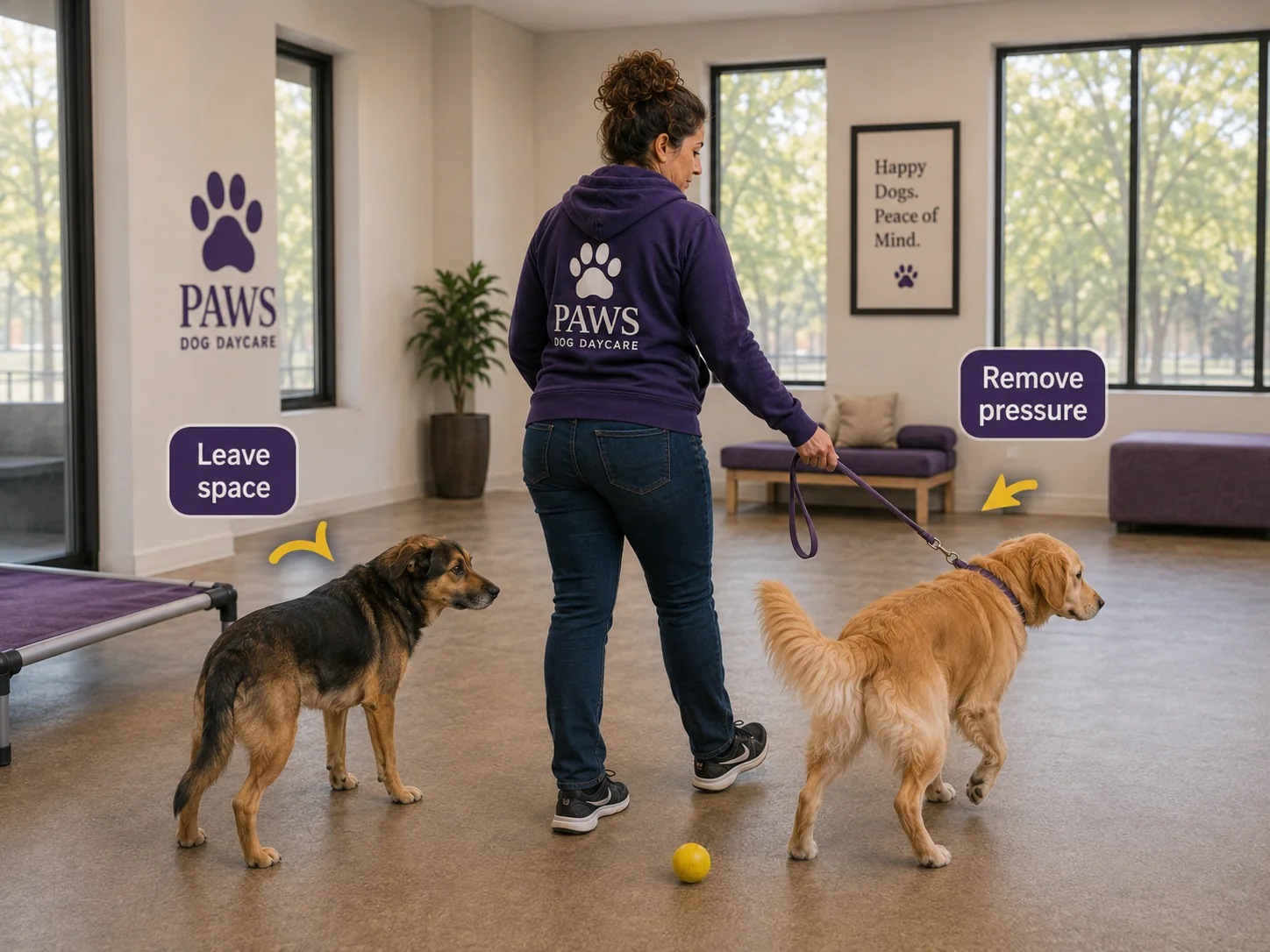 PAWS Lady calmly leads a pushy golden dog away on a leash while leaving a frightened dog untouched with open recovery space.