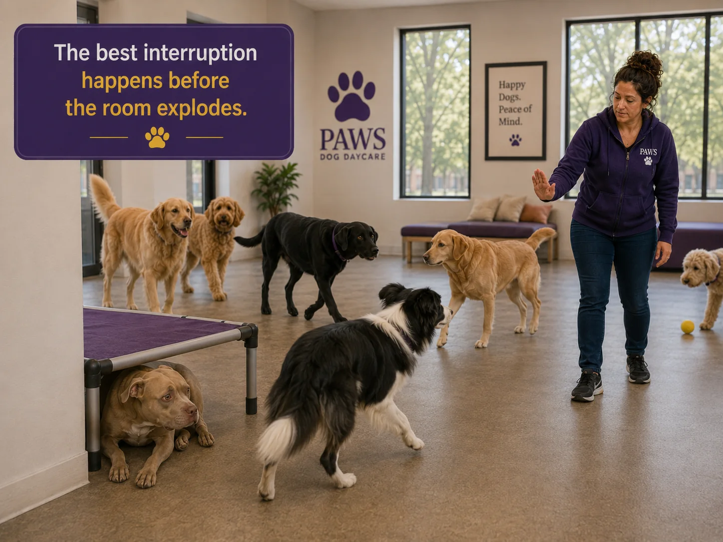 PAWS Lady uses a calm hand signal to interrupt a black-and-white dog before it reaches another dog in the daycare playgroup.