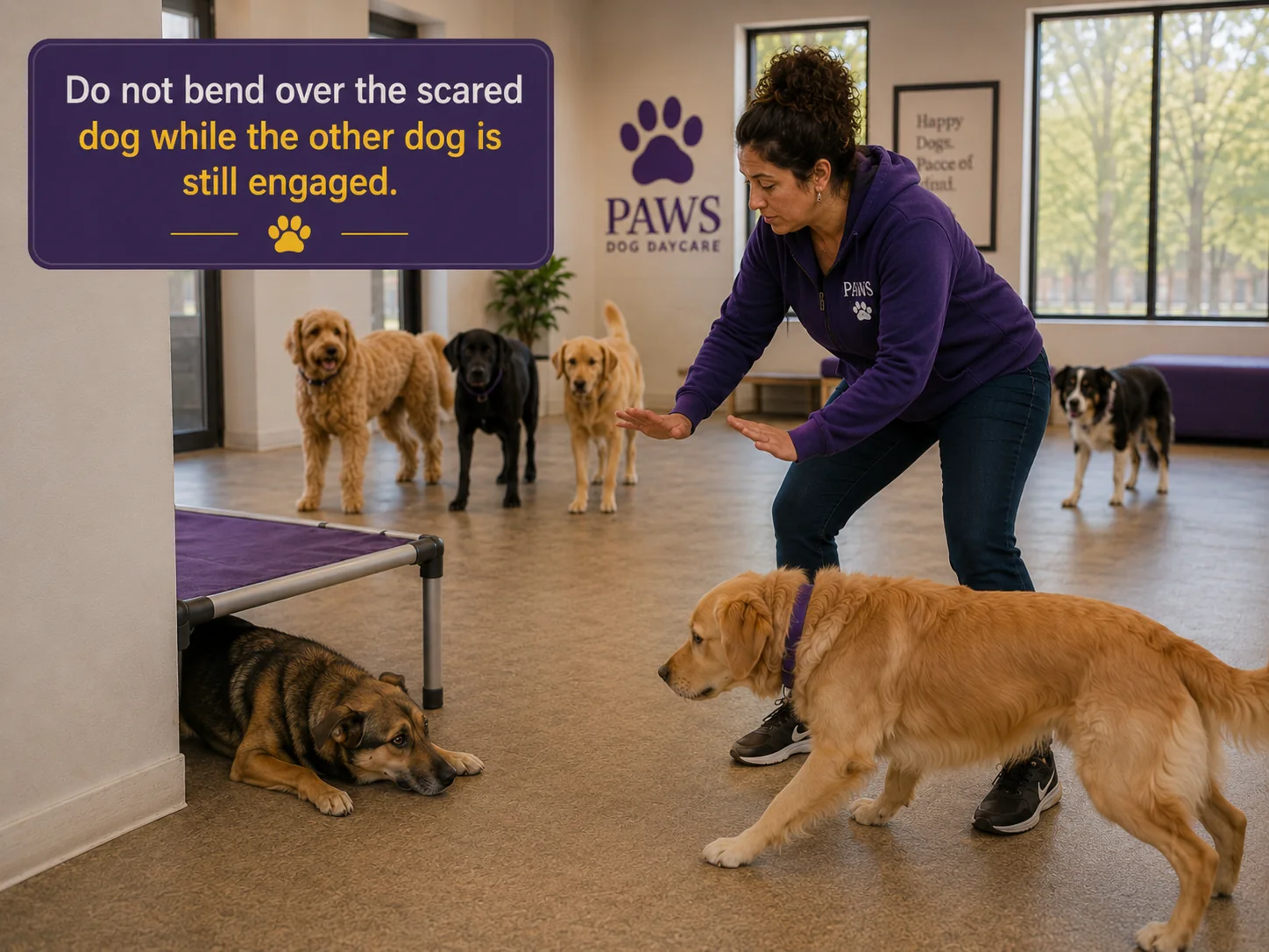 PAWS Lady stays upright and balanced between an approaching golden dog and a frightened dog lying low beside a raised daycare bed.