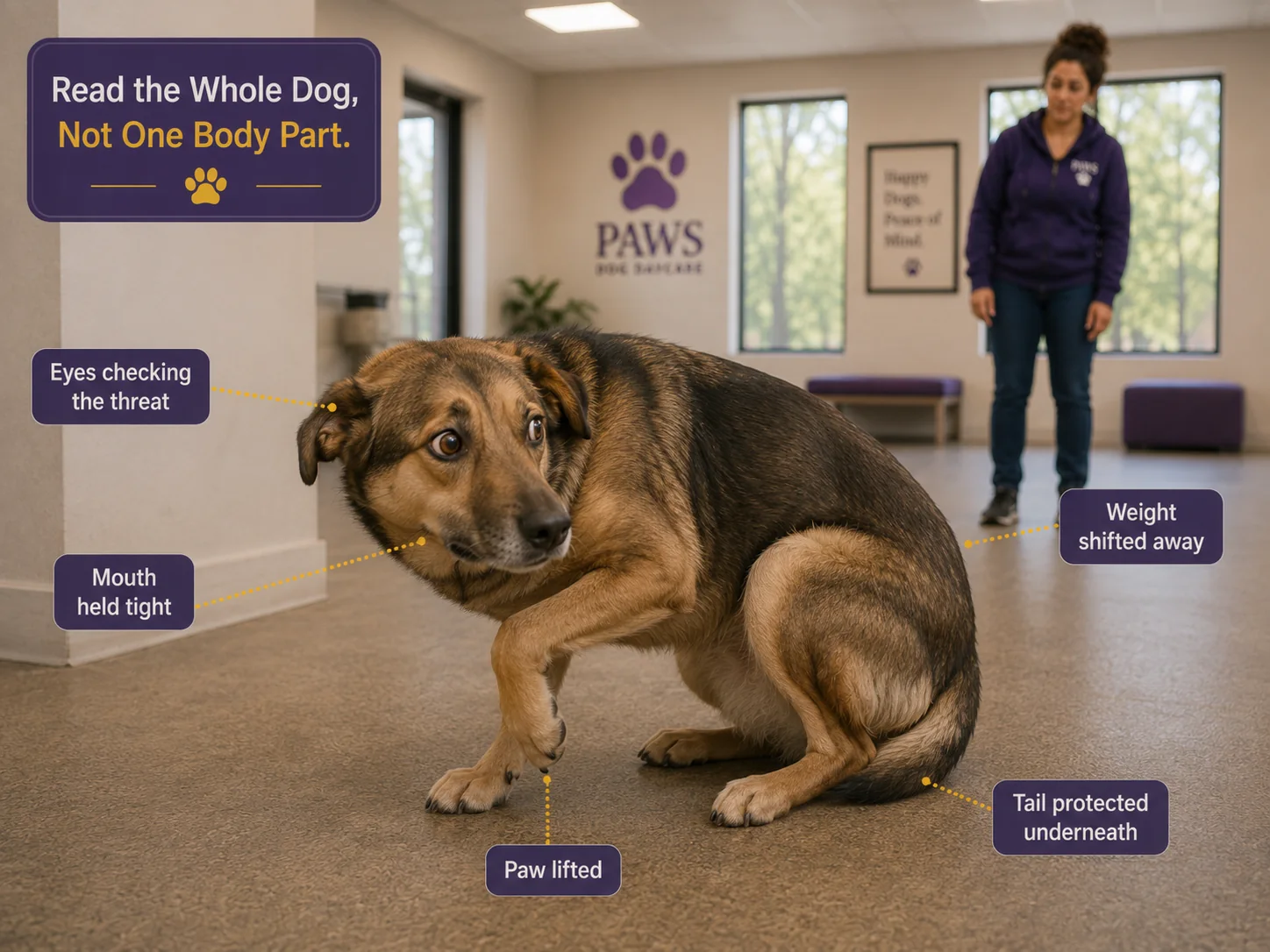 Close view of a frightened dog showing whale eye, tight mouth, shifted weight, lifted paw, and tucked tail while the PAWS Lady observes from a distance.