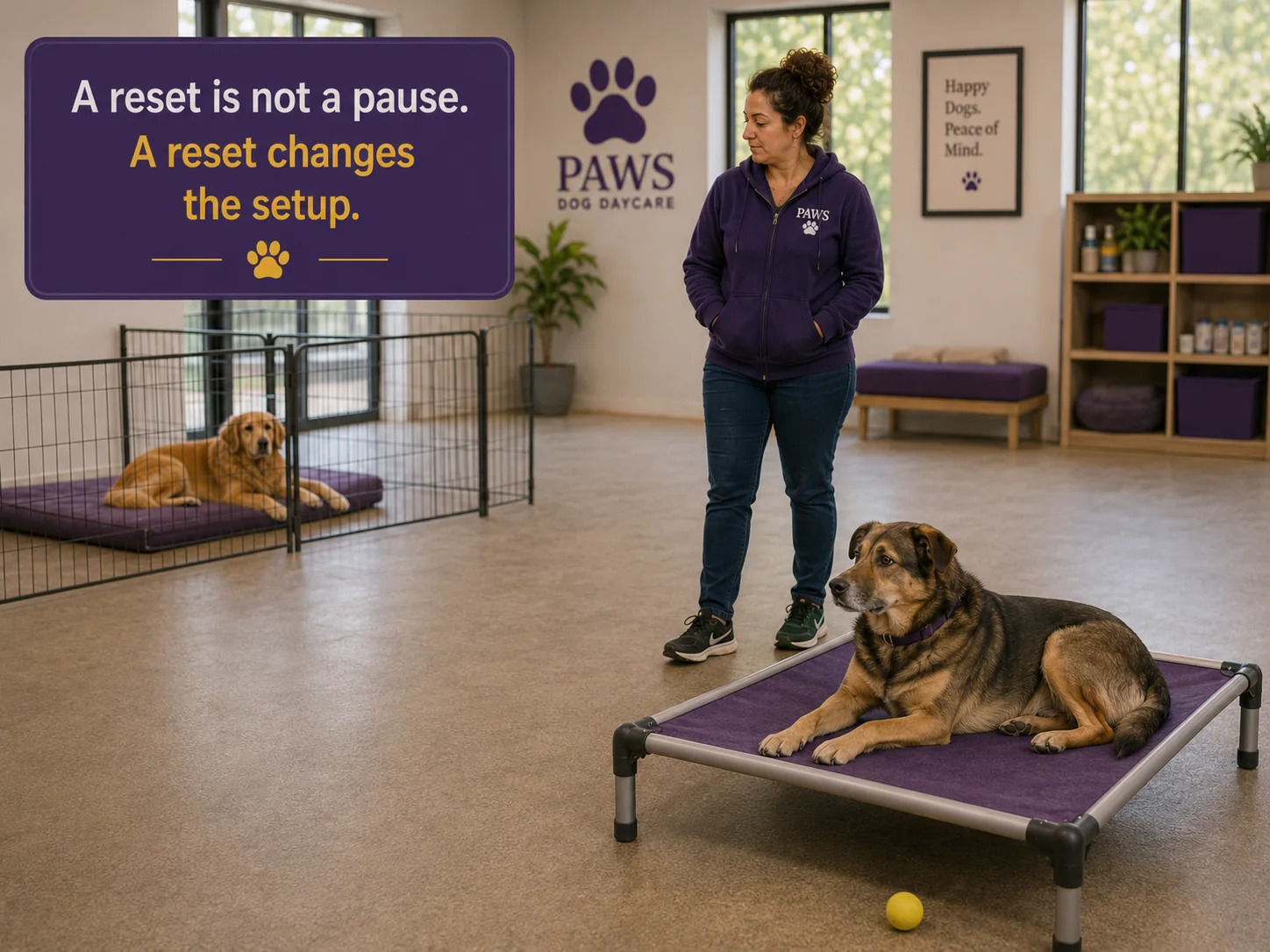 PAWS Lady supervises two dogs resting in separate daycare areas, with the frightened dog relaxed on a raised purple bed after the setup has been changed.