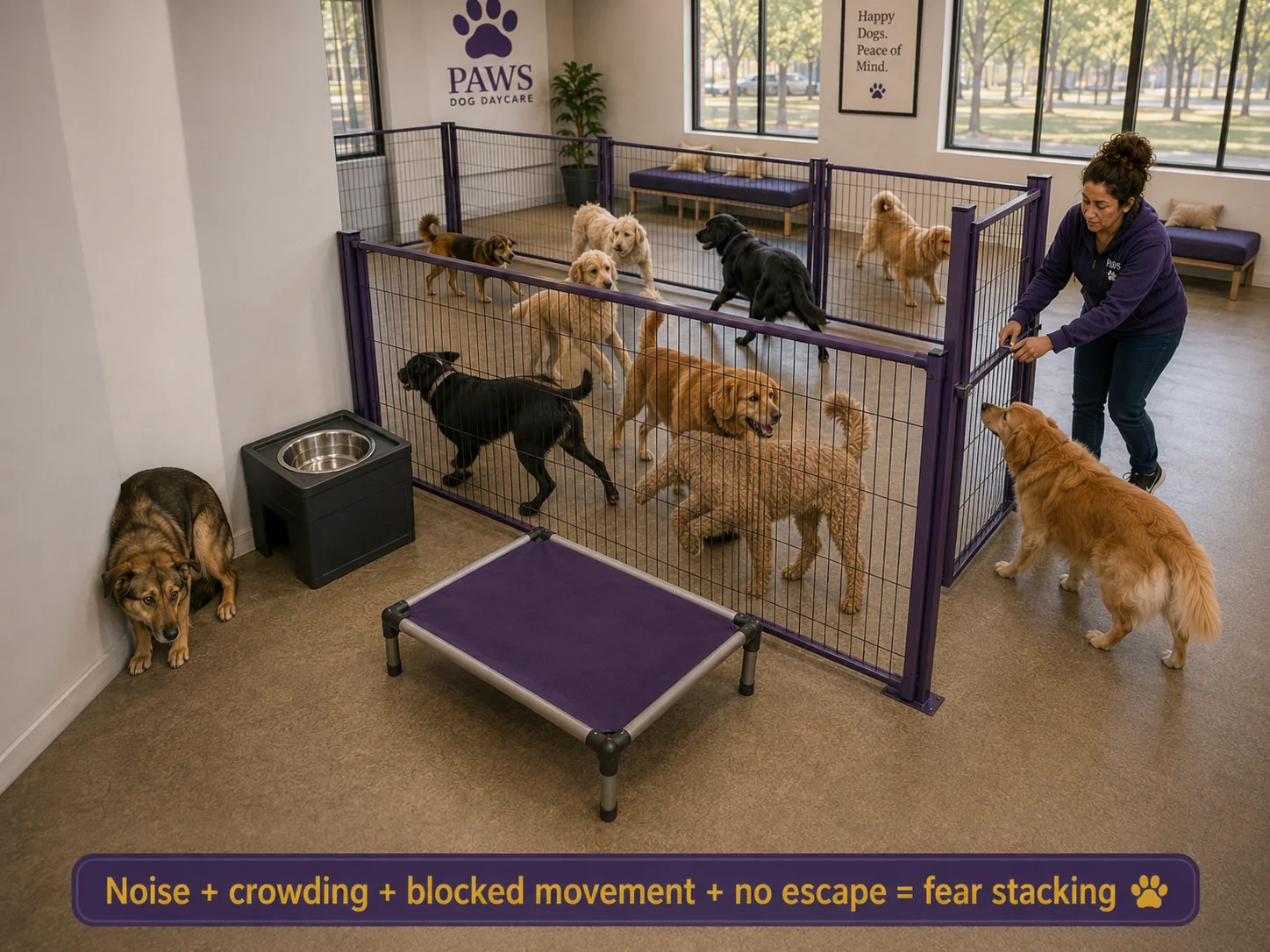 Elevated daycare view showing a frightened dog near a wall, a crowded gated playgroup, blocked movement, and the PAWS Lady opening an exit.