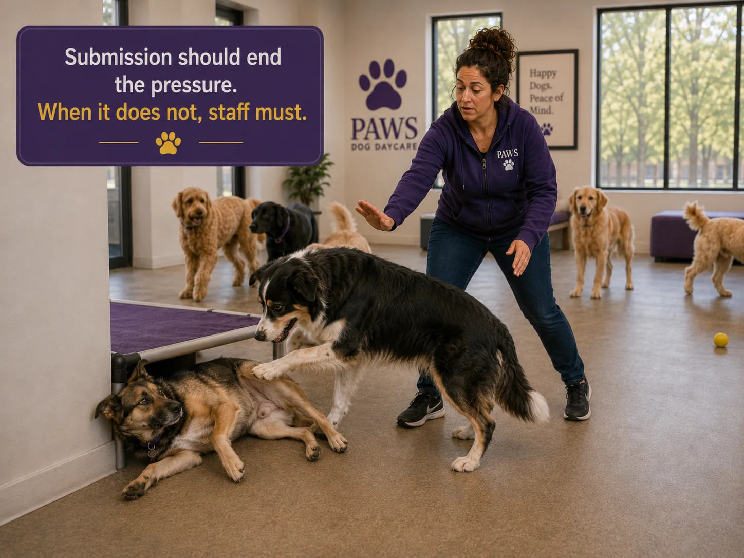 PAWS Lady intervenes as a larger dog continues pawing and standing over a frightened dog lying low beside a raised daycare bed.