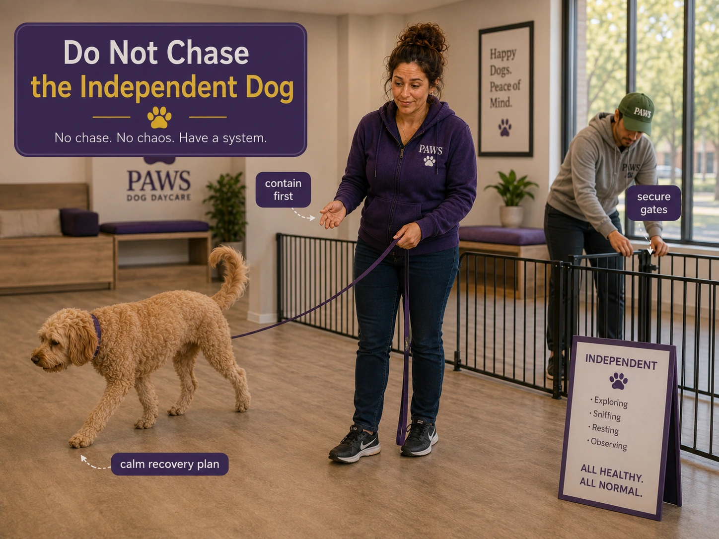 The PAWS Lady calmly manages an independent doodle on leash while another daycare worker secures the gates, showing why staff should not chase the independent dog.