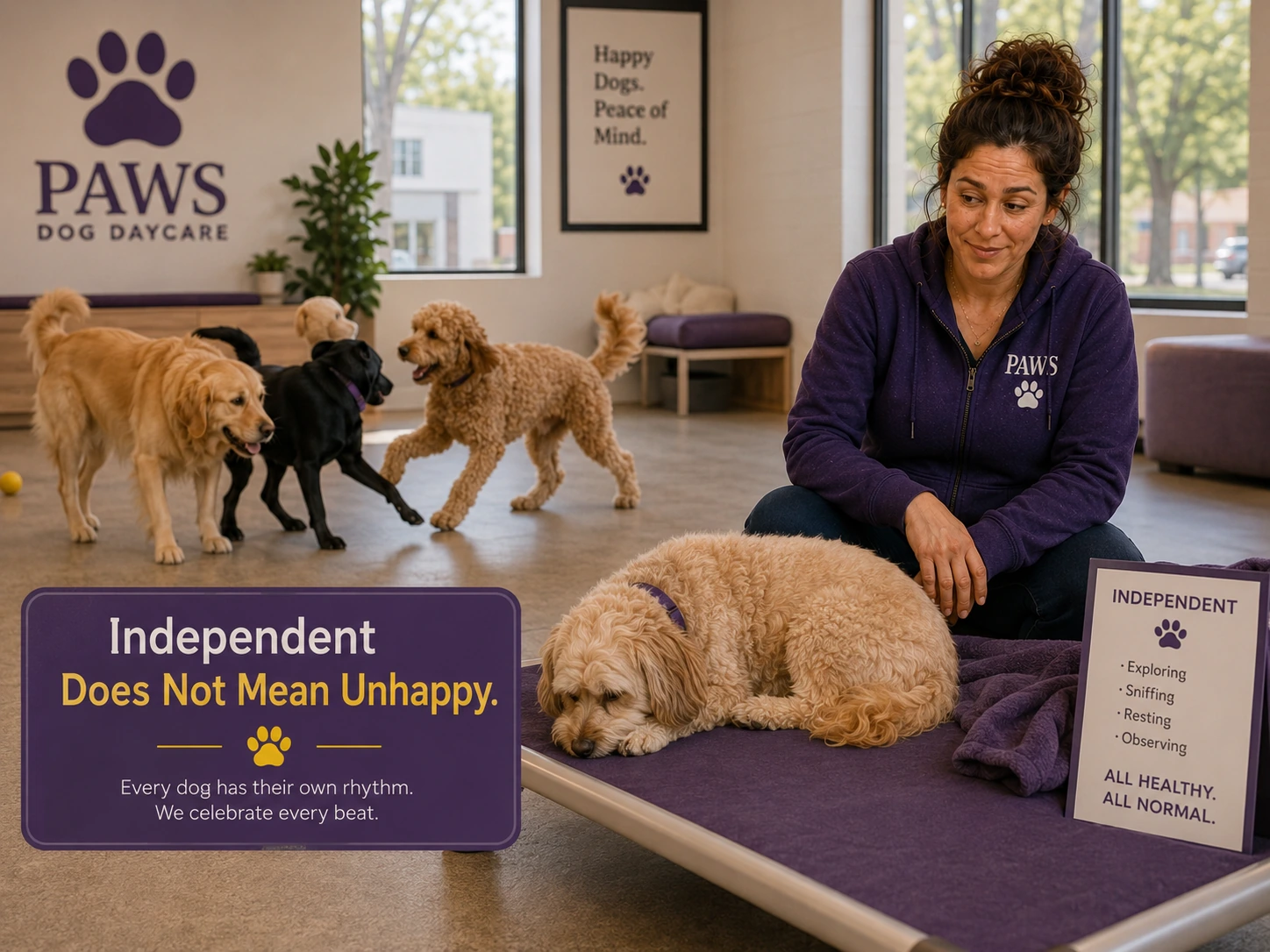 An independent doodle naps peacefully on a purple cot while the PAWS Lady sits nearby and other dogs socialize in the background, showing that independent does not mean unhappy.
