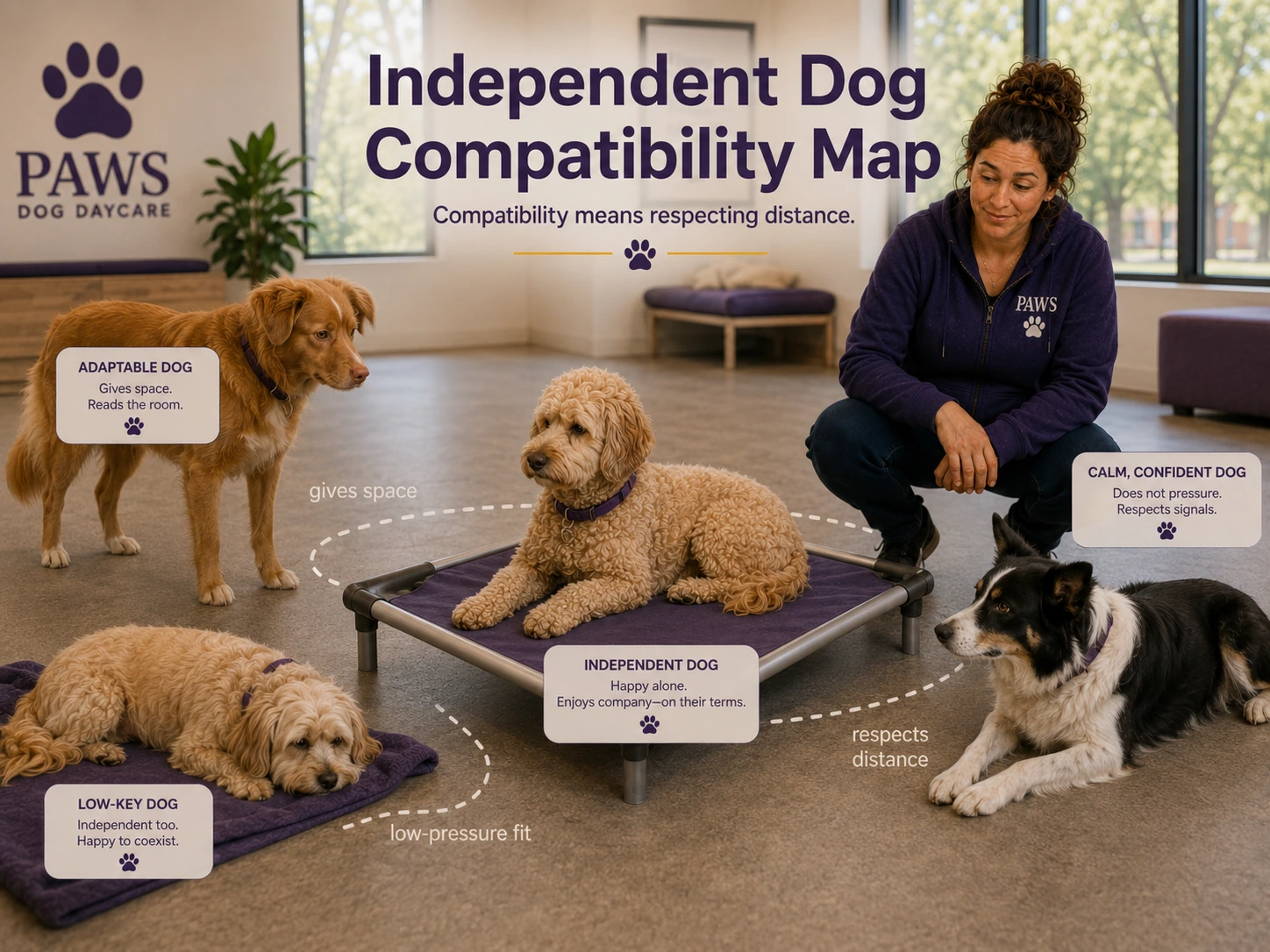 An independent doodle rests on a raised cot while calm compatible dogs give space and respect distance in a dog daycare compatibility map supervised by the PAWS Lady.