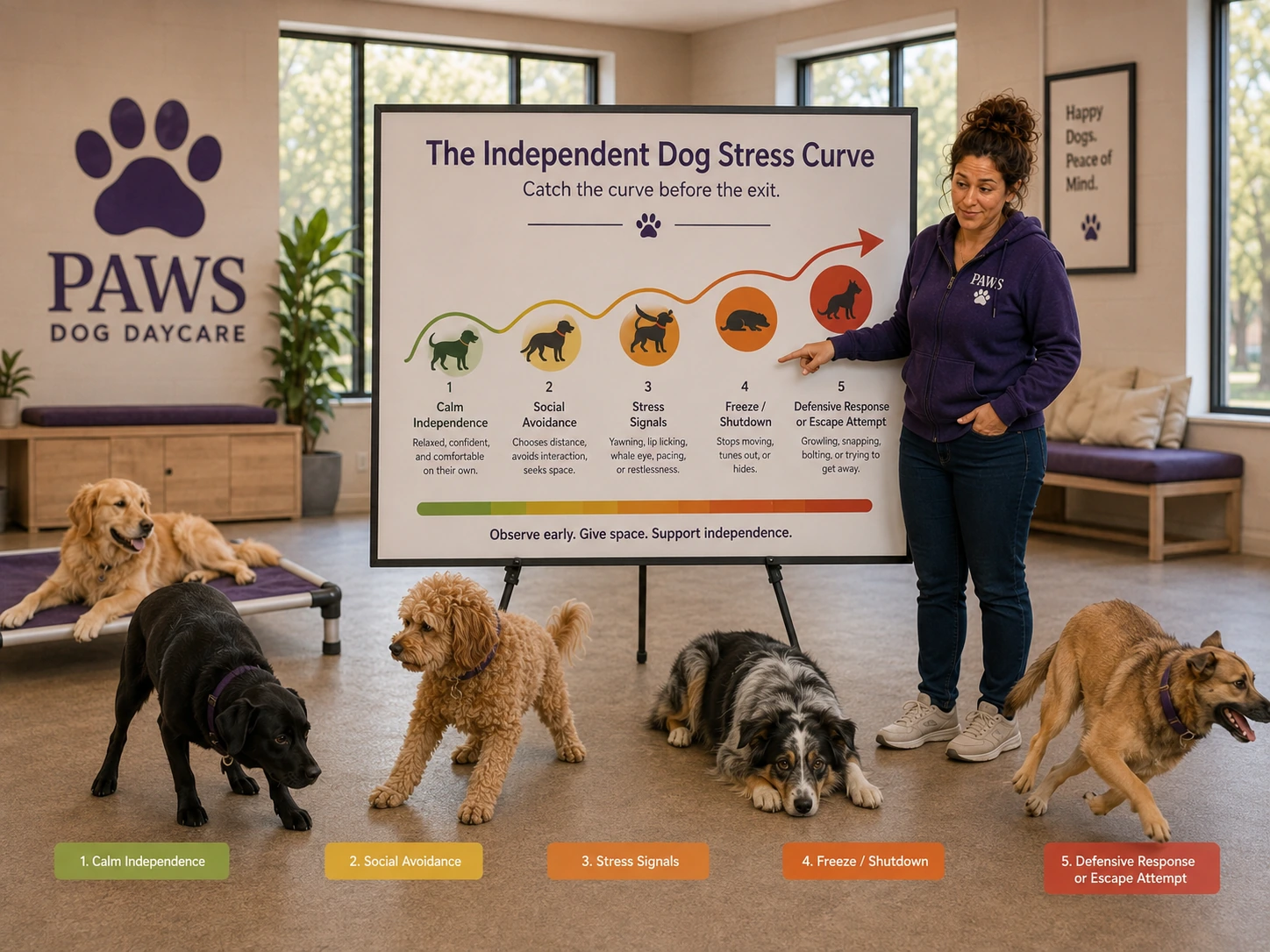 The PAWS Lady points to an independent dog stress curve showing calm independence, social avoidance, stress signals, shutdown, and defensive escape behavior.