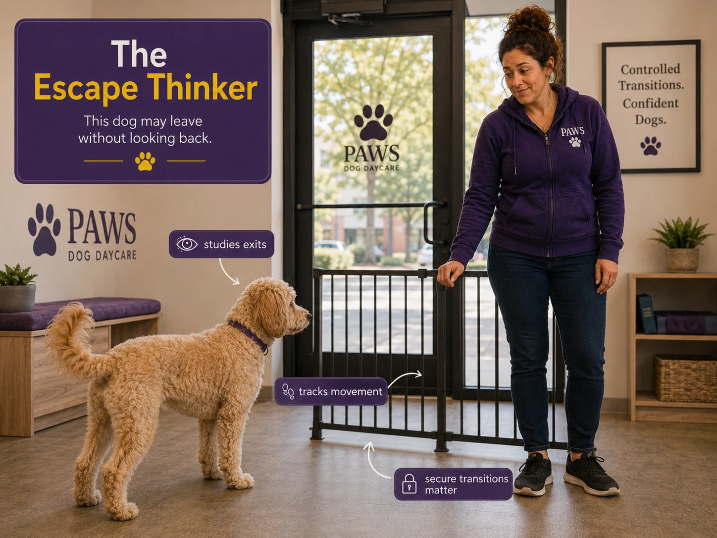 An independent doodle studies a daycare exit and tracks the gate while the PAWS Lady supervises, illustrating the escape thinker subtype.