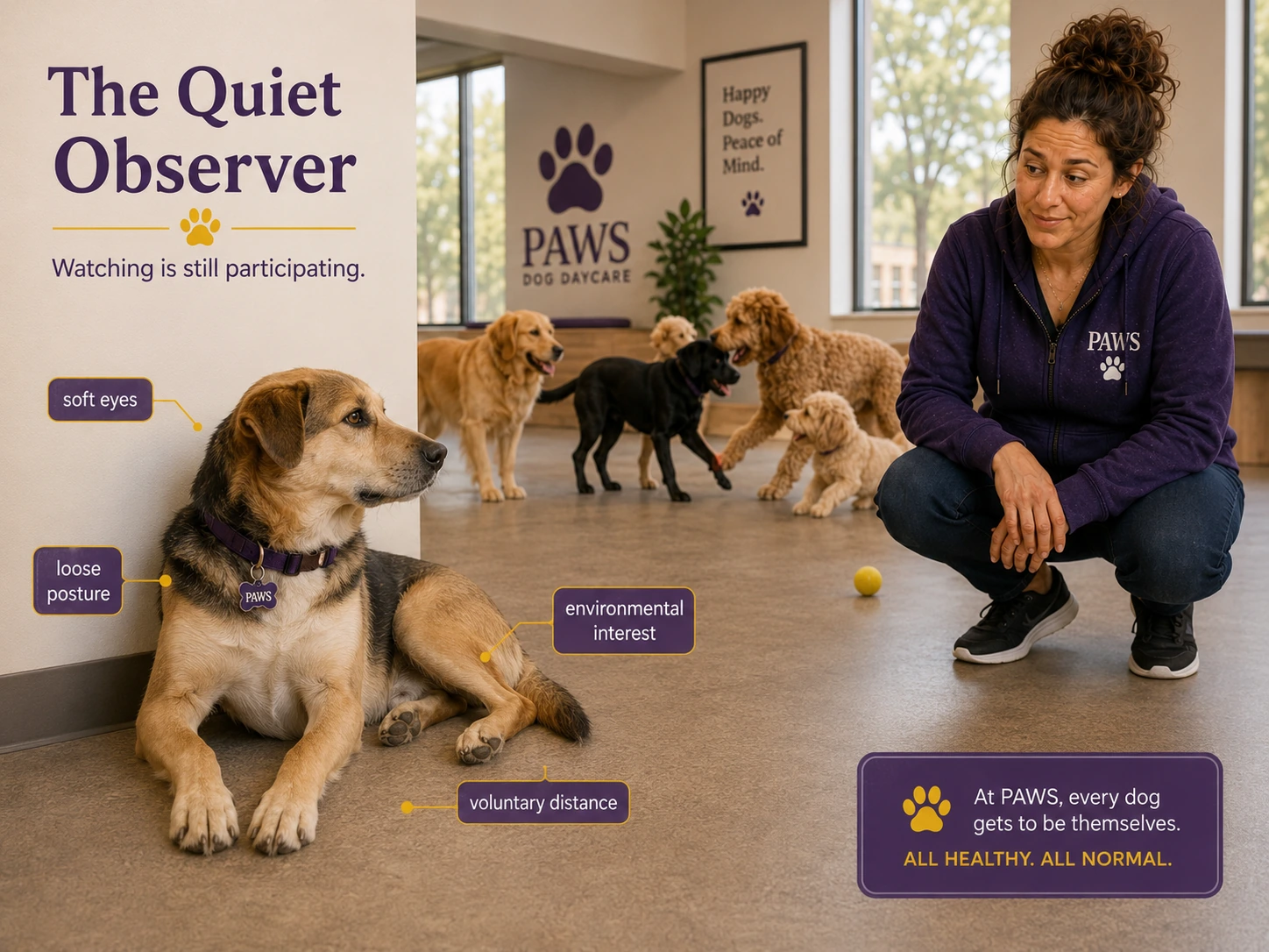 A calm independent dog rests near the edge of a dog daycare room with soft eyes and loose posture while the PAWS Lady observes, illustrating the quiet observer personality.