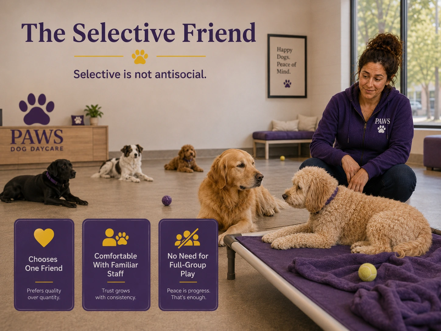 An independent doodle chooses one calm golden retriever as a playmate while the PAWS Lady supervises, illustrating the selective friend personality.