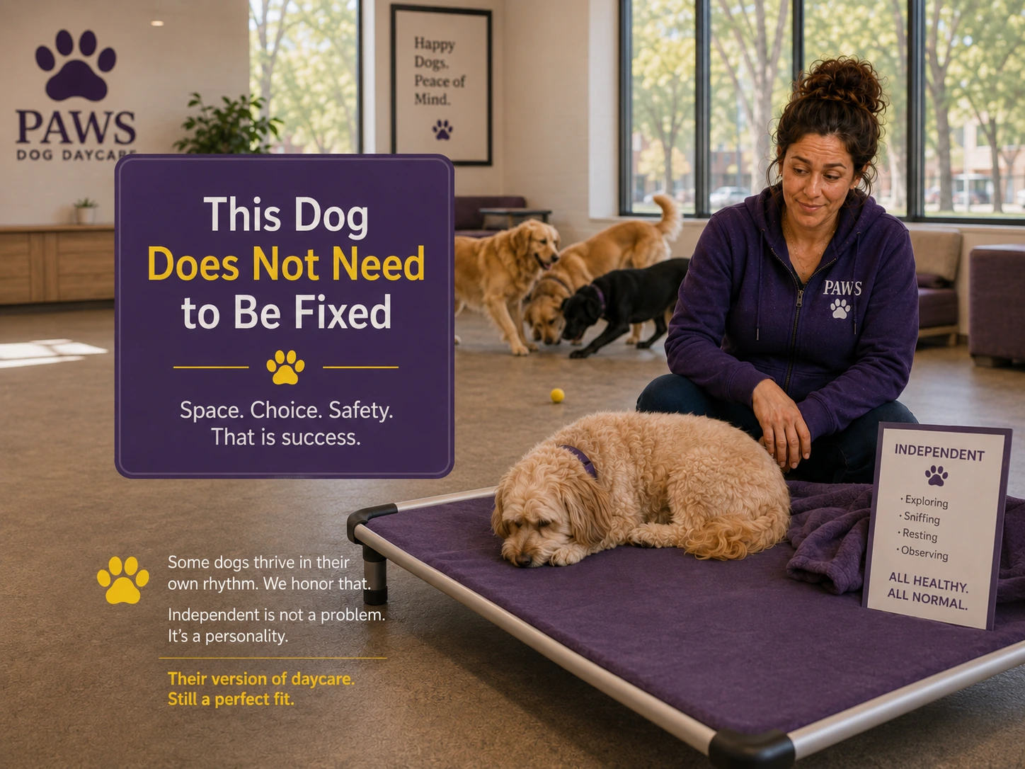 The PAWS Lady sits beside an independent doodle resting comfortably on a raised cot while other dogs play in the background, showing that the dog does not need to be fixed.