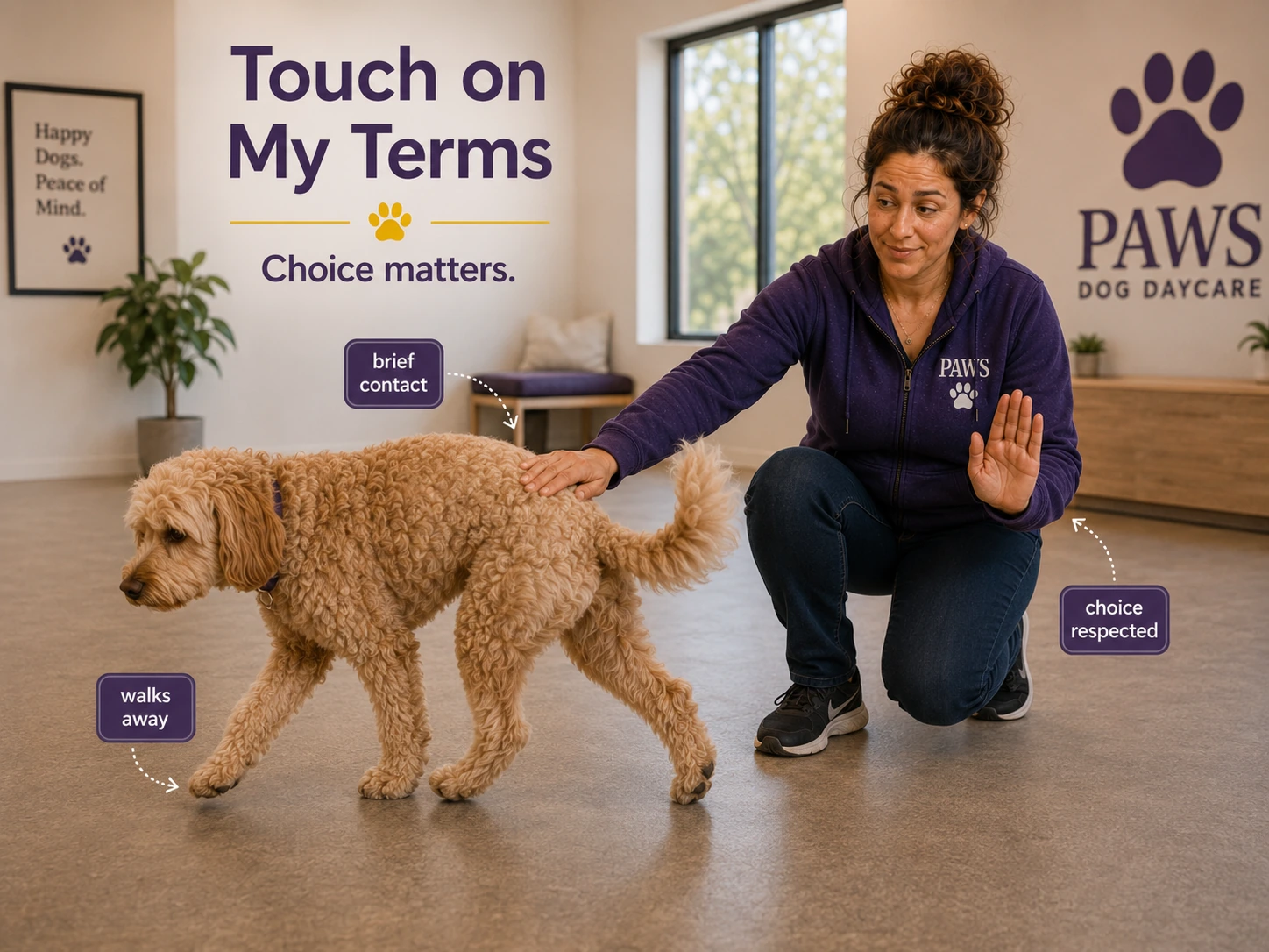 The PAWS Lady gives brief gentle contact to an independent doodle that chooses to walk away, demonstrating touch on the dog’s terms.