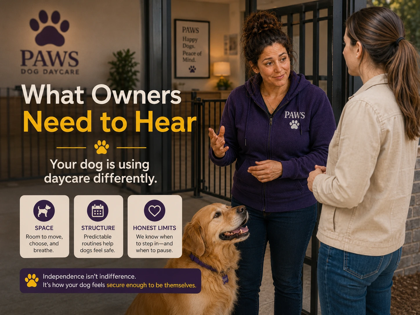 The PAWS Lady explains an independent dog’s daycare needs to the owner while the dog sits calmly beside them at the daycare entrance.