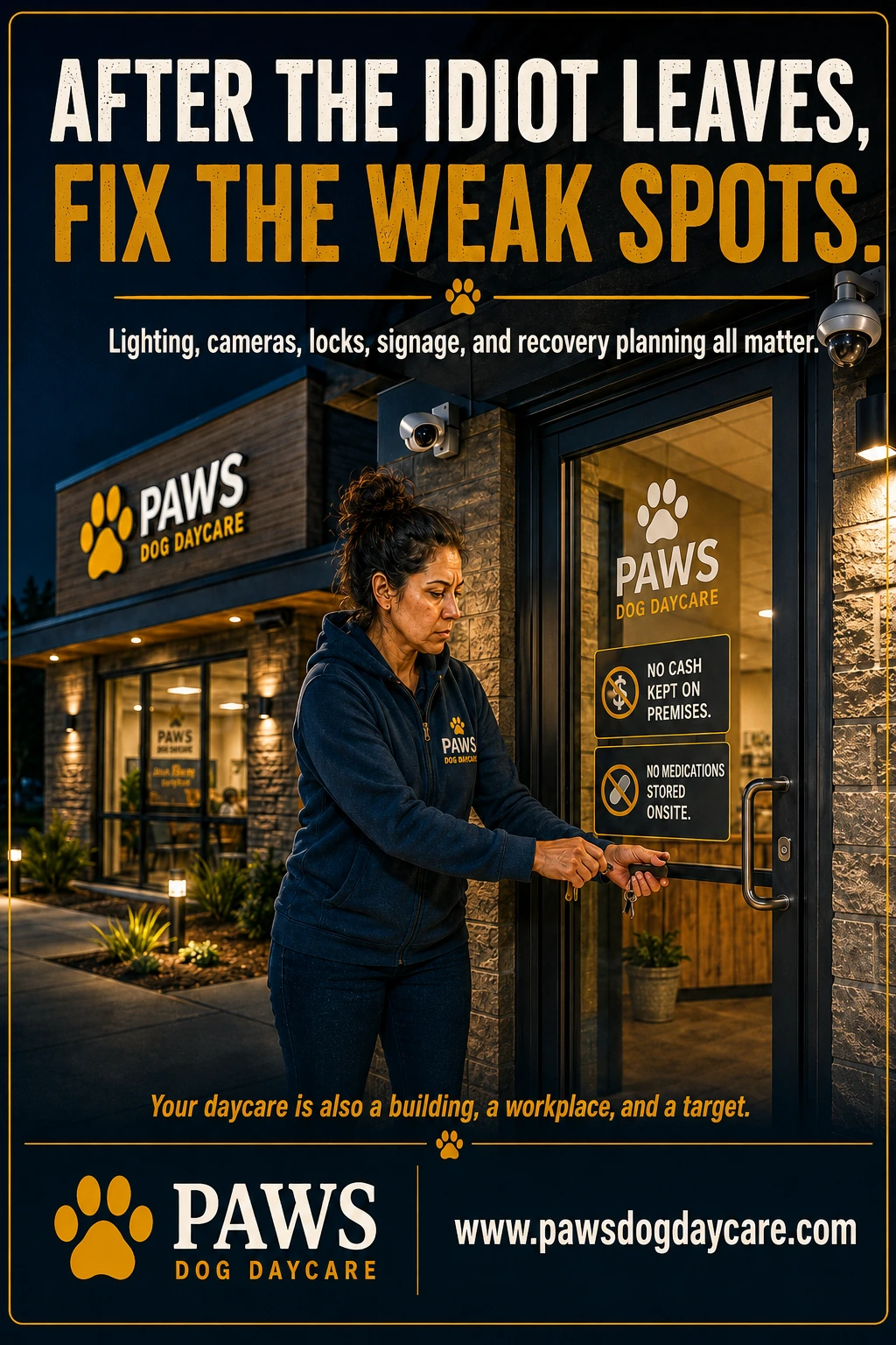PAWS Dog Daycare insurance scenario image showing a post-break-in security review with lighting, cameras, door hardware, locks, signage, and stronger facility habits.