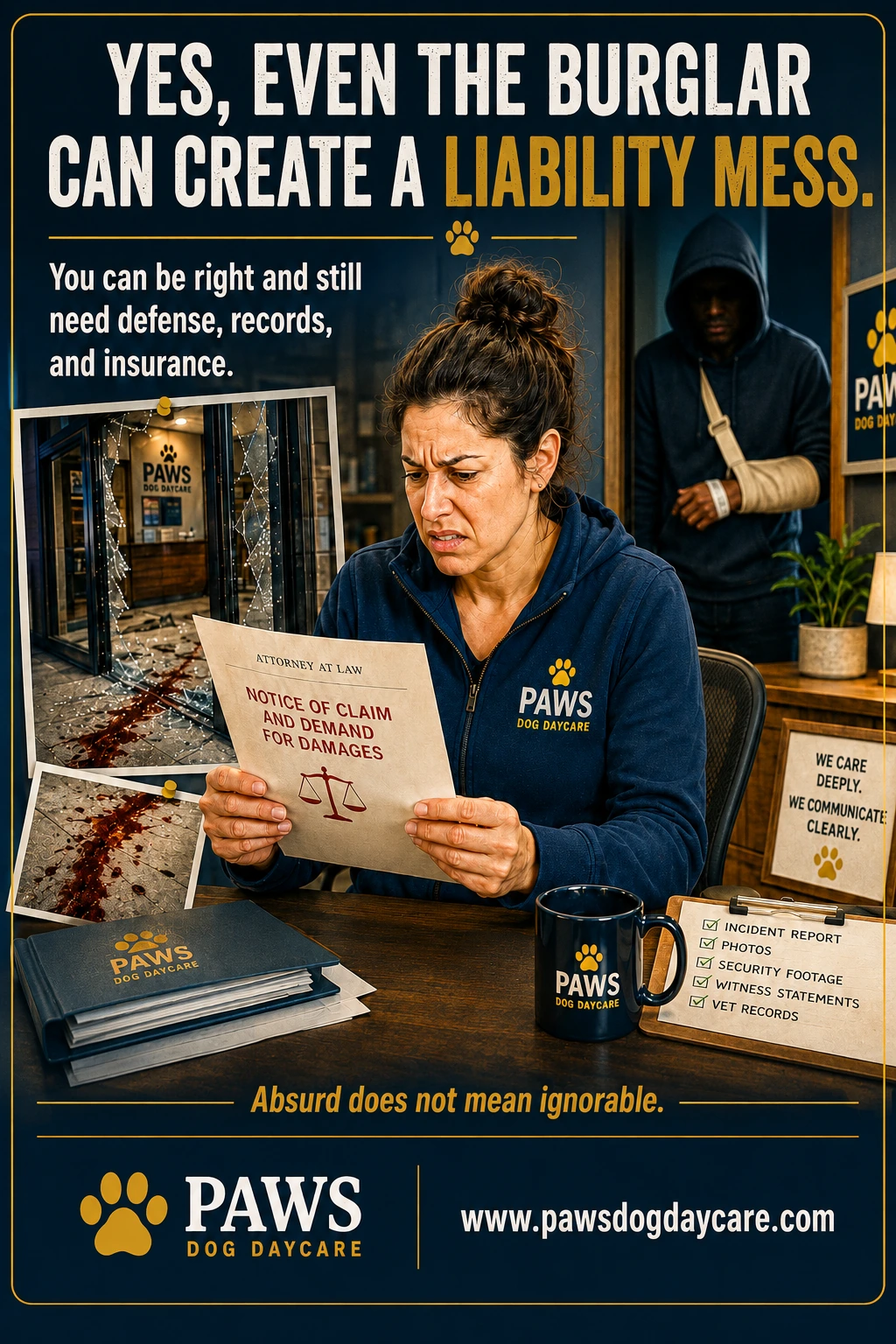 PAWS Dog Daycare insurance scenario image showing the absurd legal aftermath of a burglar trying to make a claim after injuring himself while breaking into the business.