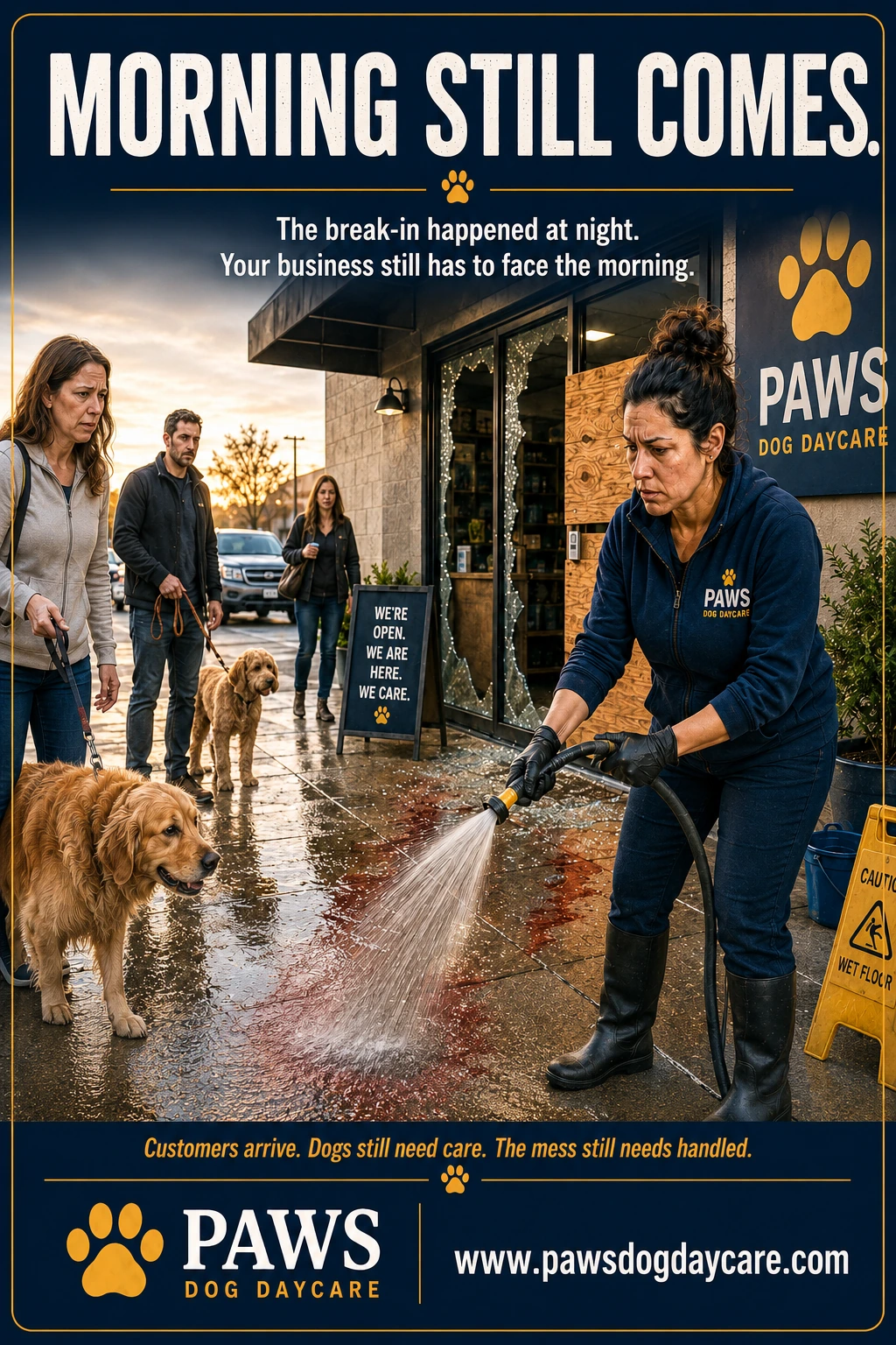 PAWS Dog Daycare insurance scenario image showing the ugly morning after a break-in, with the owner cleaning broken glass and blood while customers arrive with dogs for drop-off.