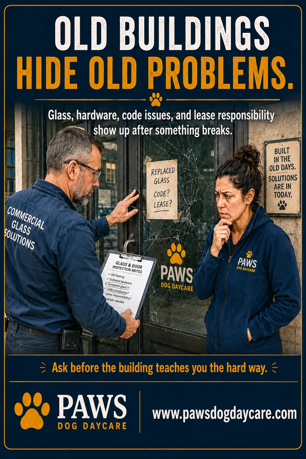 PAWS Dog Daycare insurance scenario image showing old storefront glass, commercial door hardware, code issues, lease responsibility, and building repair questions after a break-in.