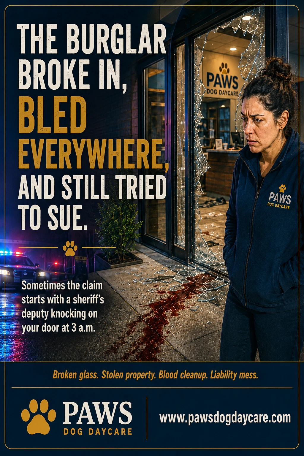 PAWS Dog Daycare insurance scenario image showing a smashed storefront glass door, police lights, an exhausted owner, and the aftermath of a real dog daycare break-in that turned into a property damage and liability mess.