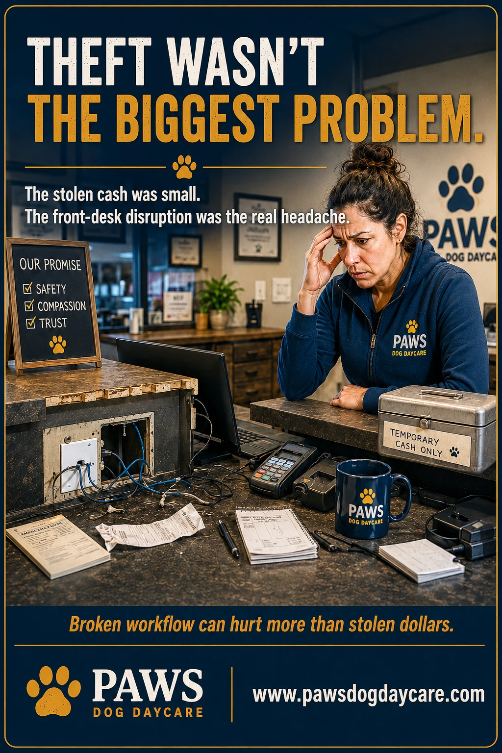 PAWS Dog Daycare insurance scenario image showing the missing register and cash drawer after a break-in, with the front desk struggling through POS disruption and temporary cash handling.