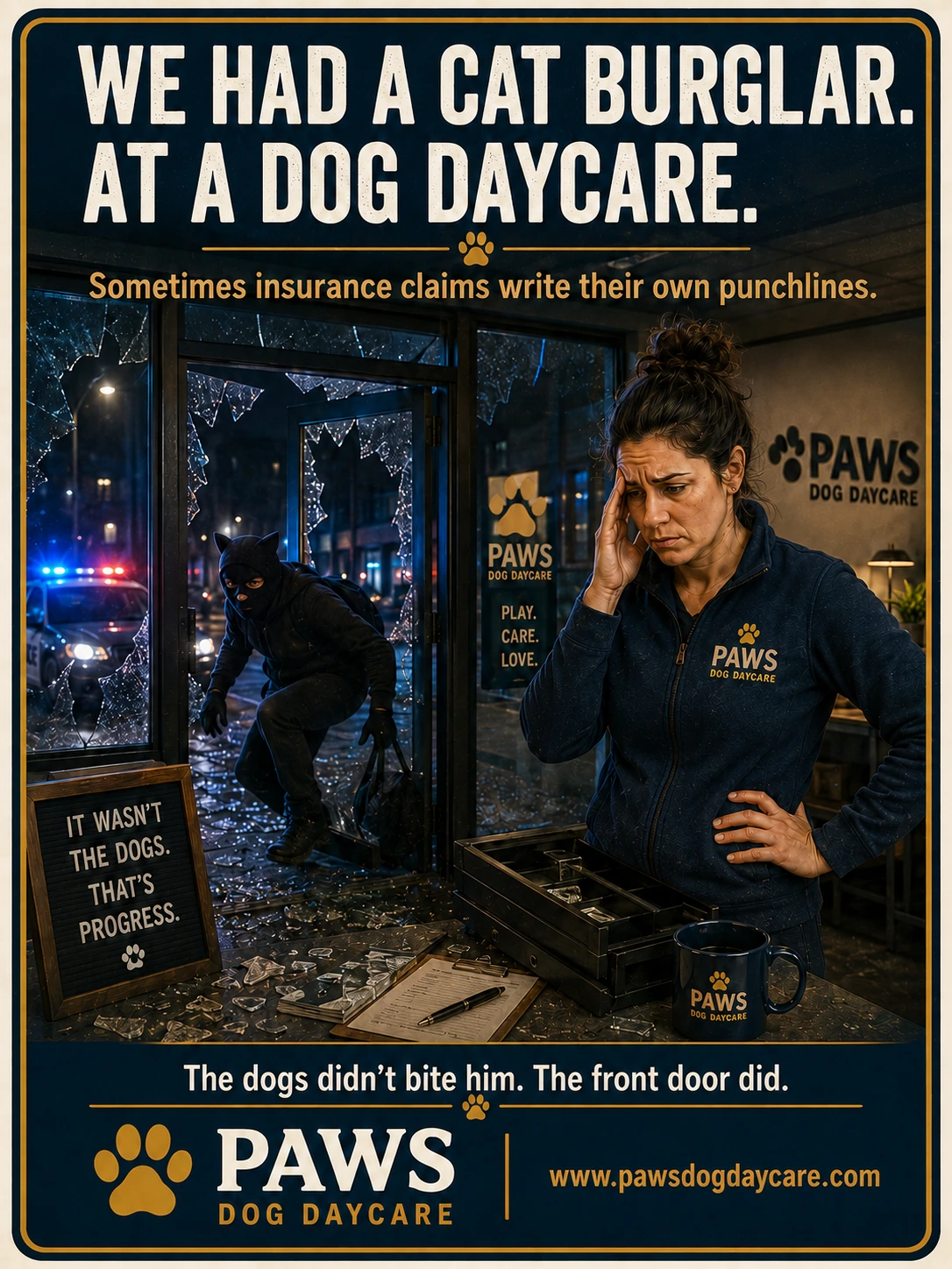 Humorous PAWS Dog Daycare insurance scenario image built around the irony of a cat burglar breaking into a dog daycare and getting injured by the glass door.