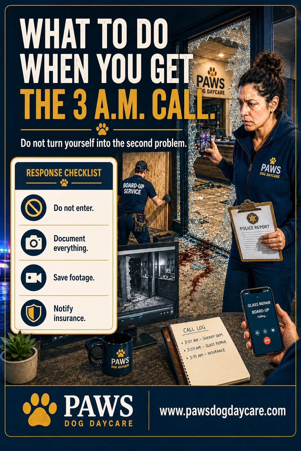 PAWS Dog Daycare insurance scenario image showing an operator break-in response checklist including do not enter, document everything, save camera footage, notify insurance, and call-log the response.