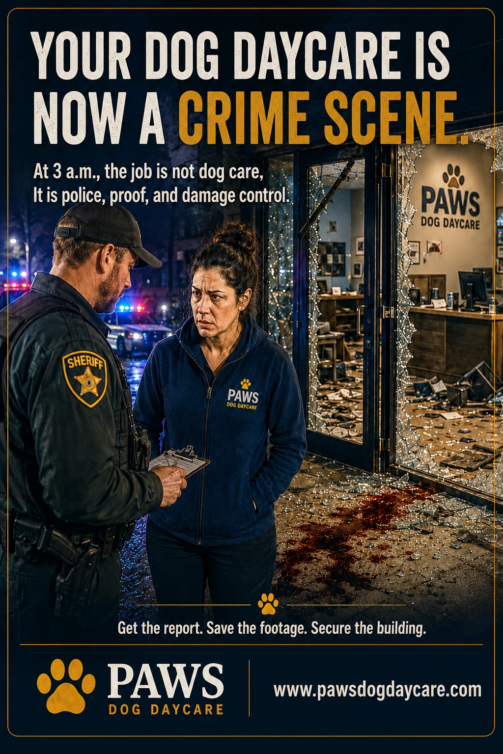 PAWS Dog Daycare insurance scenario image showing a dog daycare owner dealing with law enforcement outside a shattered storefront after a break-in.