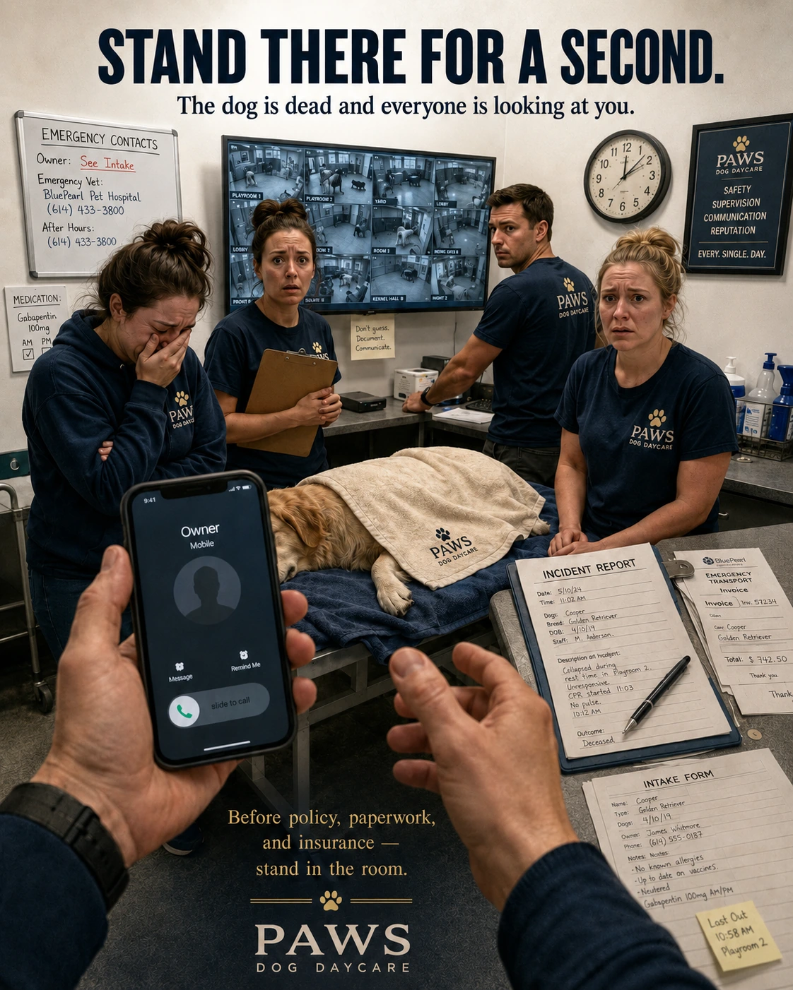 PAWS Dog Daycare insurance scenario image showing the operator standing in the room after a dog has died, with scared staff, documents on the table, cameras visible, and the owner's call waiting.
