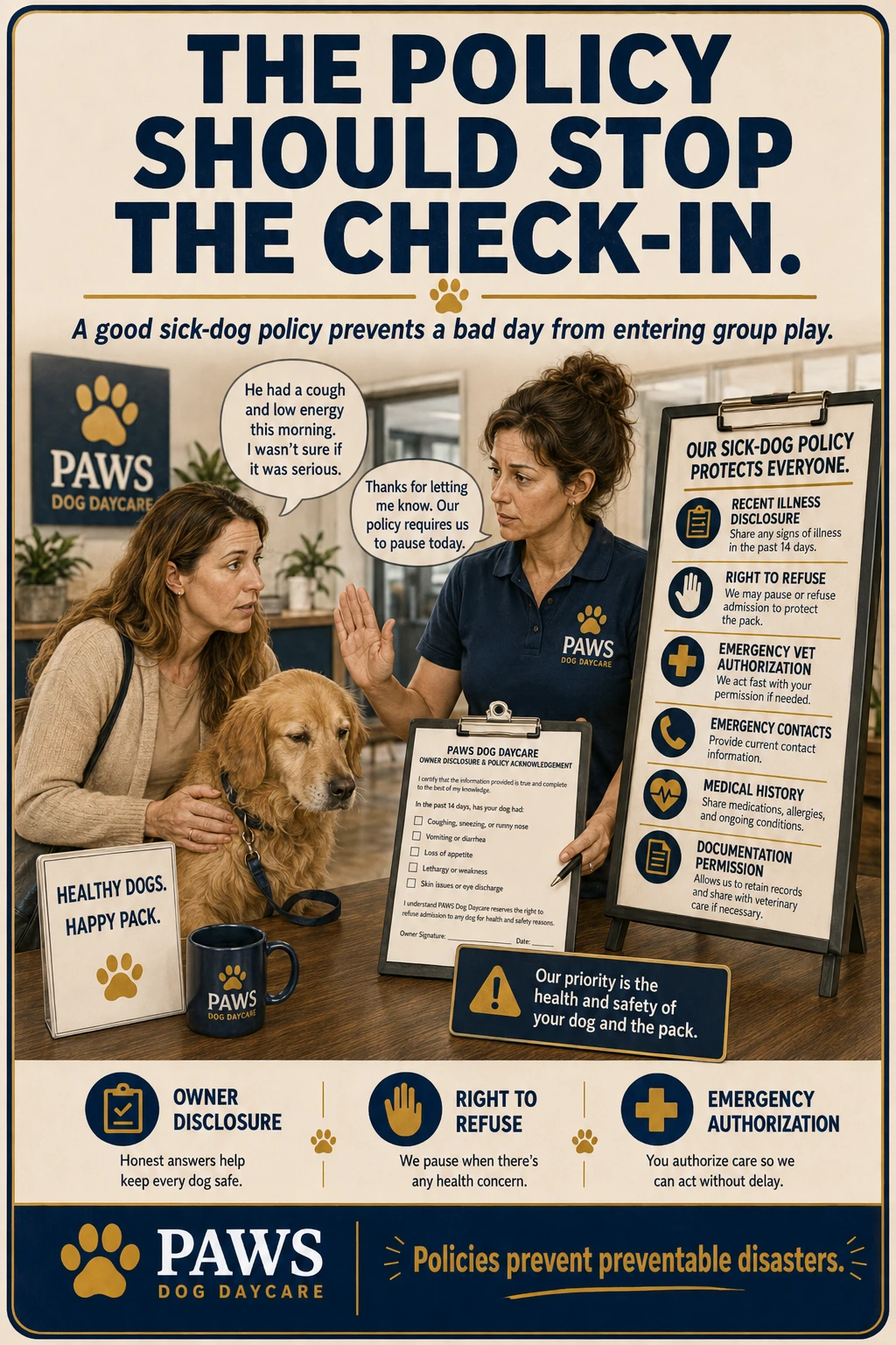 PAWS Dog Daycare sick dog policy image showing an operator using a written policy to pause or refuse admission when a dog arrives with concerning symptoms.
