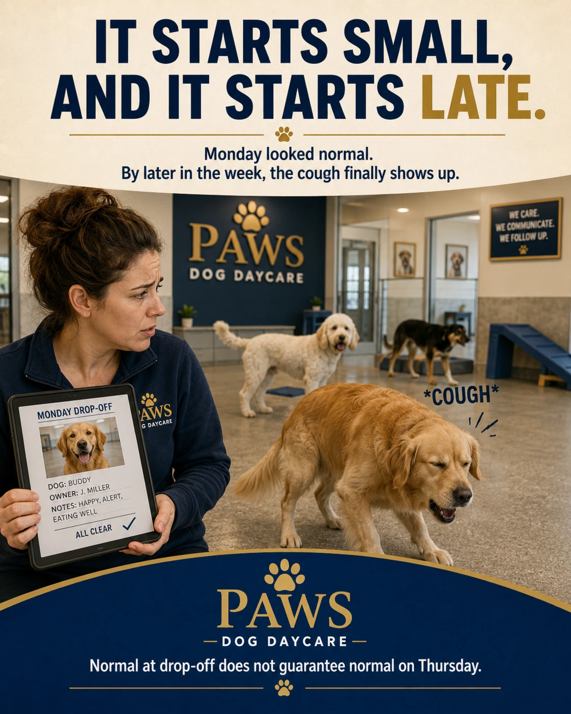 Dog daycare delayed symptoms image showing a dog that looked normal at Monday drop-off but later starts coughing.