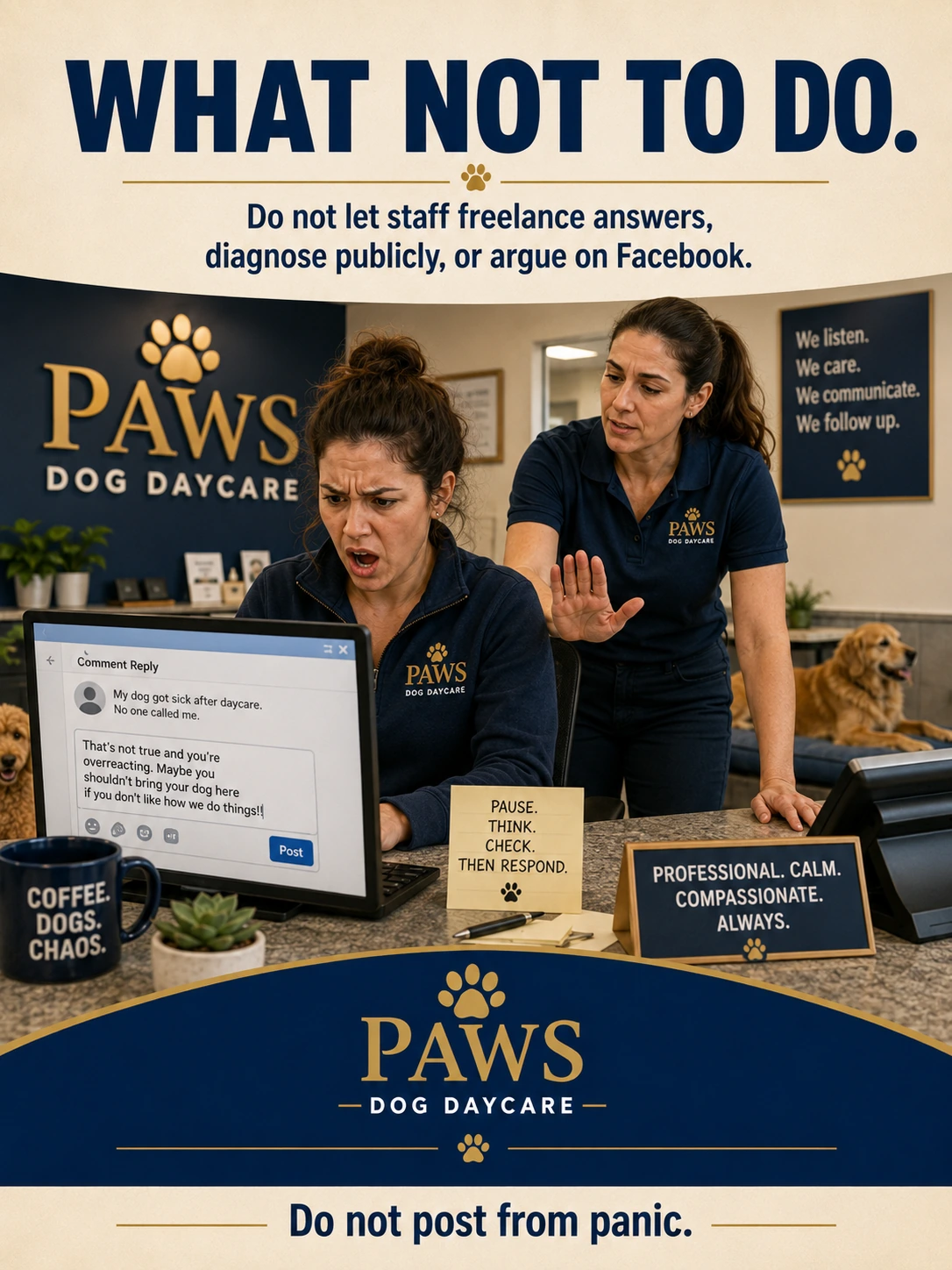 Dog daycare manager stopping a staff member from typing a bad emotional Facebook response during a communicable disease complaint.