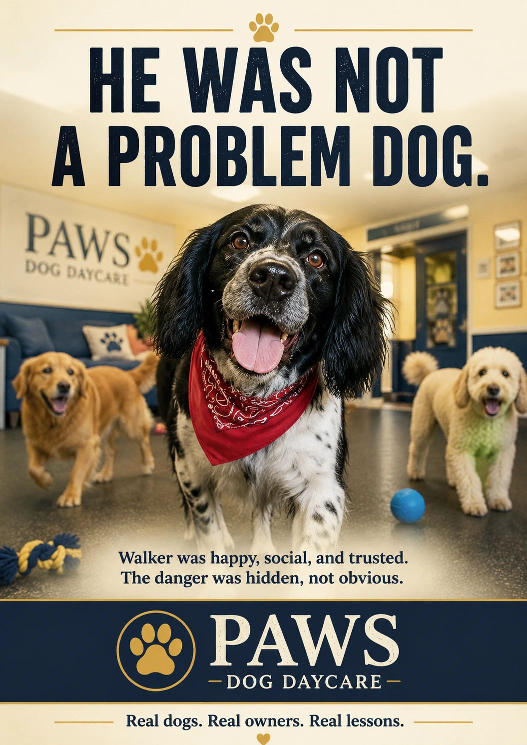 PAWS Dog Daycare image of Walker appearing happy, social, and comfortable in group play before a hidden medical condition became apparent.