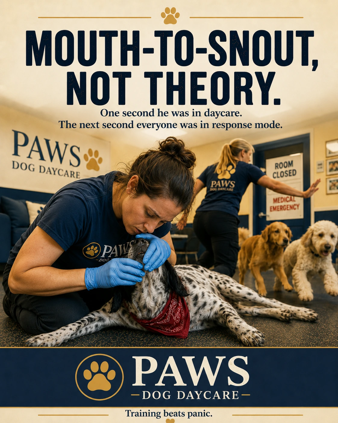 PAWS Dog Daycare emergency-response image showing a staff member performing mouth-to-snout rescue breathing on Walker while another employee clears the room.