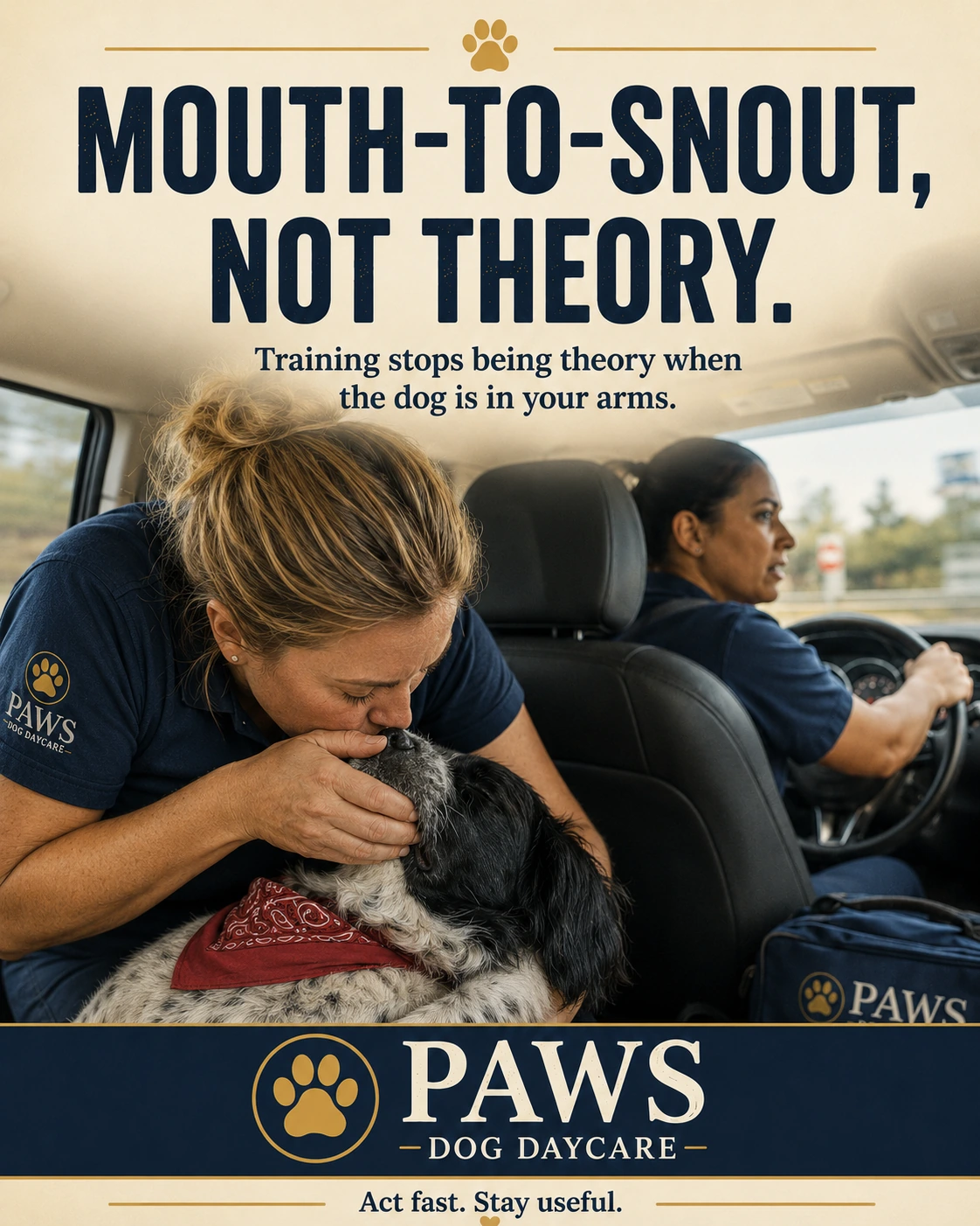 PAWS Dog Daycare emergency training image showing a staff member supporting Walker and giving mouth-to-snout rescue breathing during transport.
