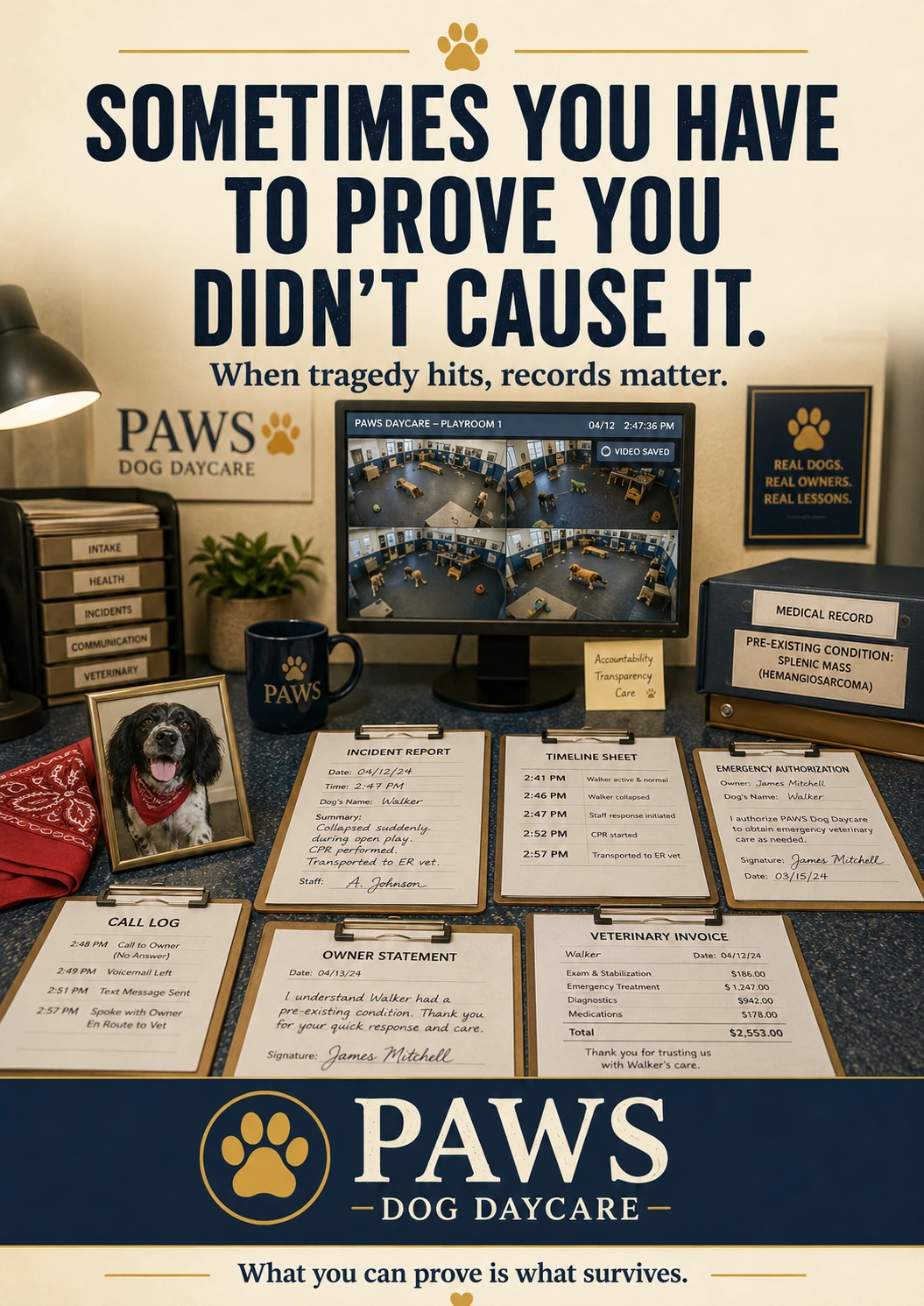 PAWS Dog Daycare documentation image showing surveillance footage, incident records, veterinary records, emergency authorization, and timeline evidence related to Walker's collapse.